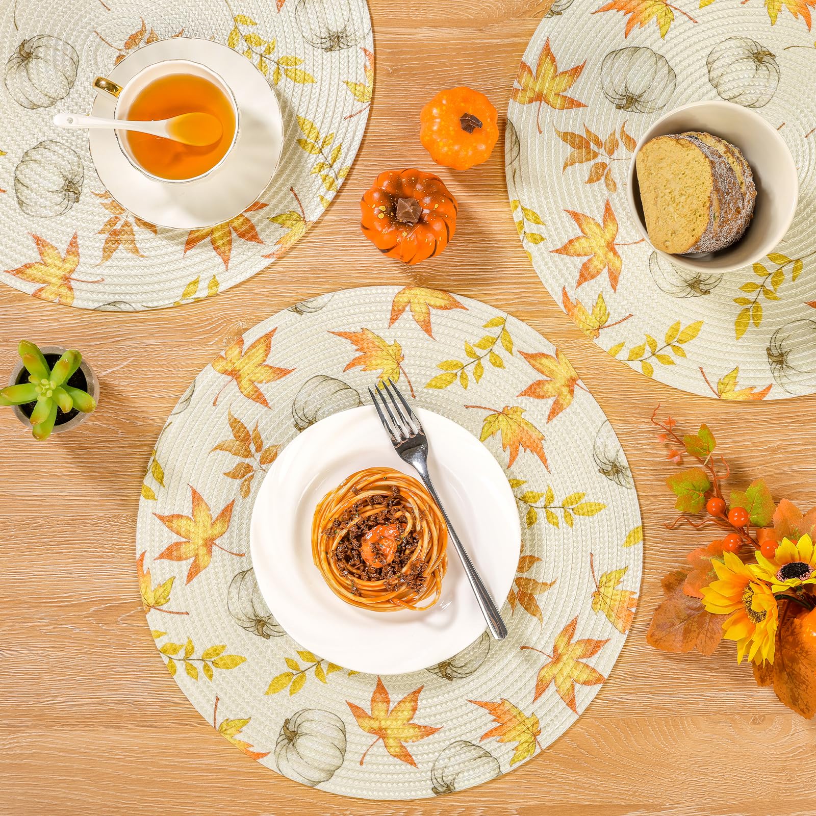 U'Artlines Fall Round Braided Placemats Set of 4 - 15 Inch Pumpkin & Leaves Design, Washable Woven Table Mats for Thanksgiving, Kitchen, Dining Table Decor | Perfect for Autumn Gatherings, Holiday Parties & Cozy Home Dining