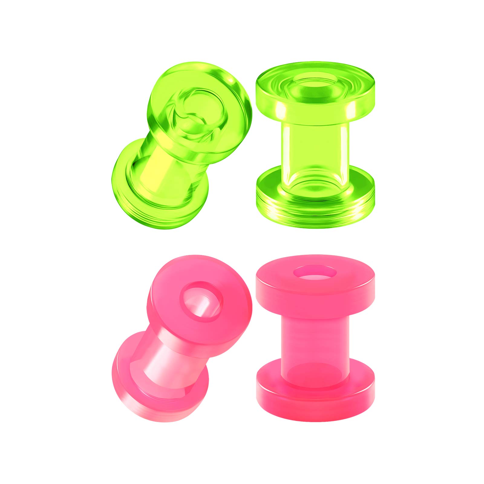 2 Pairs Acrylic Screw-Fit Flesh Tunnels - Green, Purple, Pink Ear Stretching Jewelry for Gauged Ears | Perfect for Ear Lobe Plugs, Body Piercing & Alternative Fashion Styles
