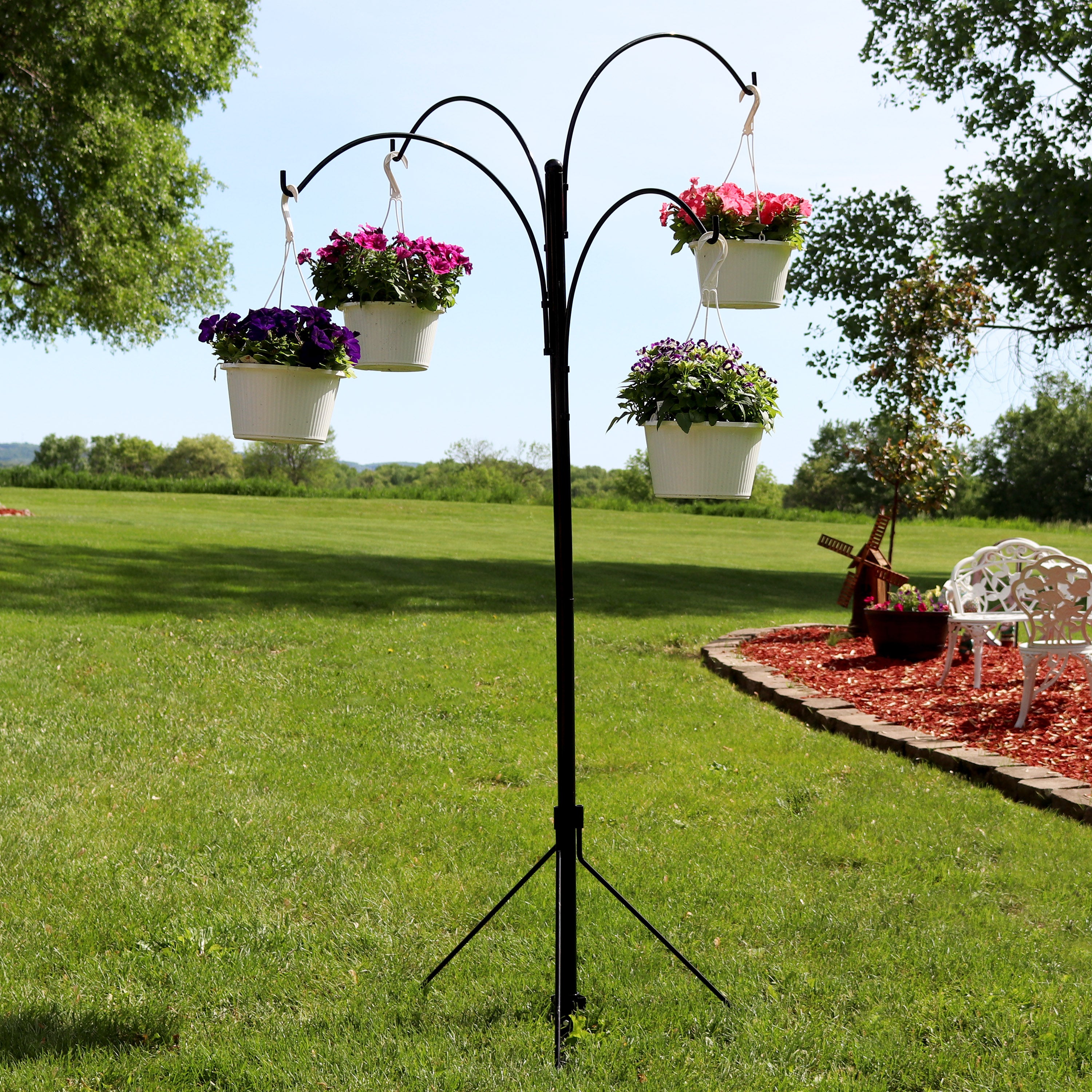 Sunnydaze 4-Arm Adjustable Hanging Basket Stand - 84 Inch Height for Patio, Garden & Outdoor Decor - Perfect for Flowers, Plants & Decorative Displays
