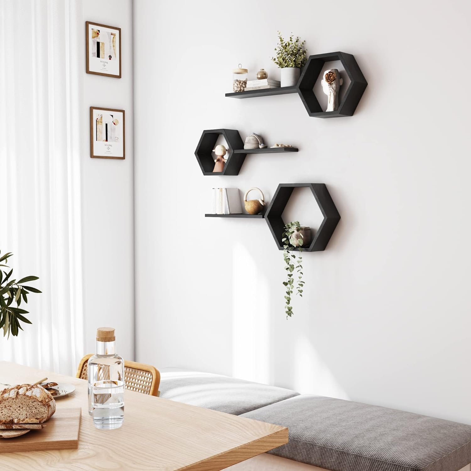 Hexagon Wall Shelves Set of 6 - Floating Wooden Wall Mounted Shelves for Photos, Plants & Decor | Rustic Honeycomb Shelves for Living Room, Bedroom, Bathroom, Kitchen & Office | Black Home Decor Shelving | Perfect for Gallery Walls, Bathroom Storage & Small Space Organization