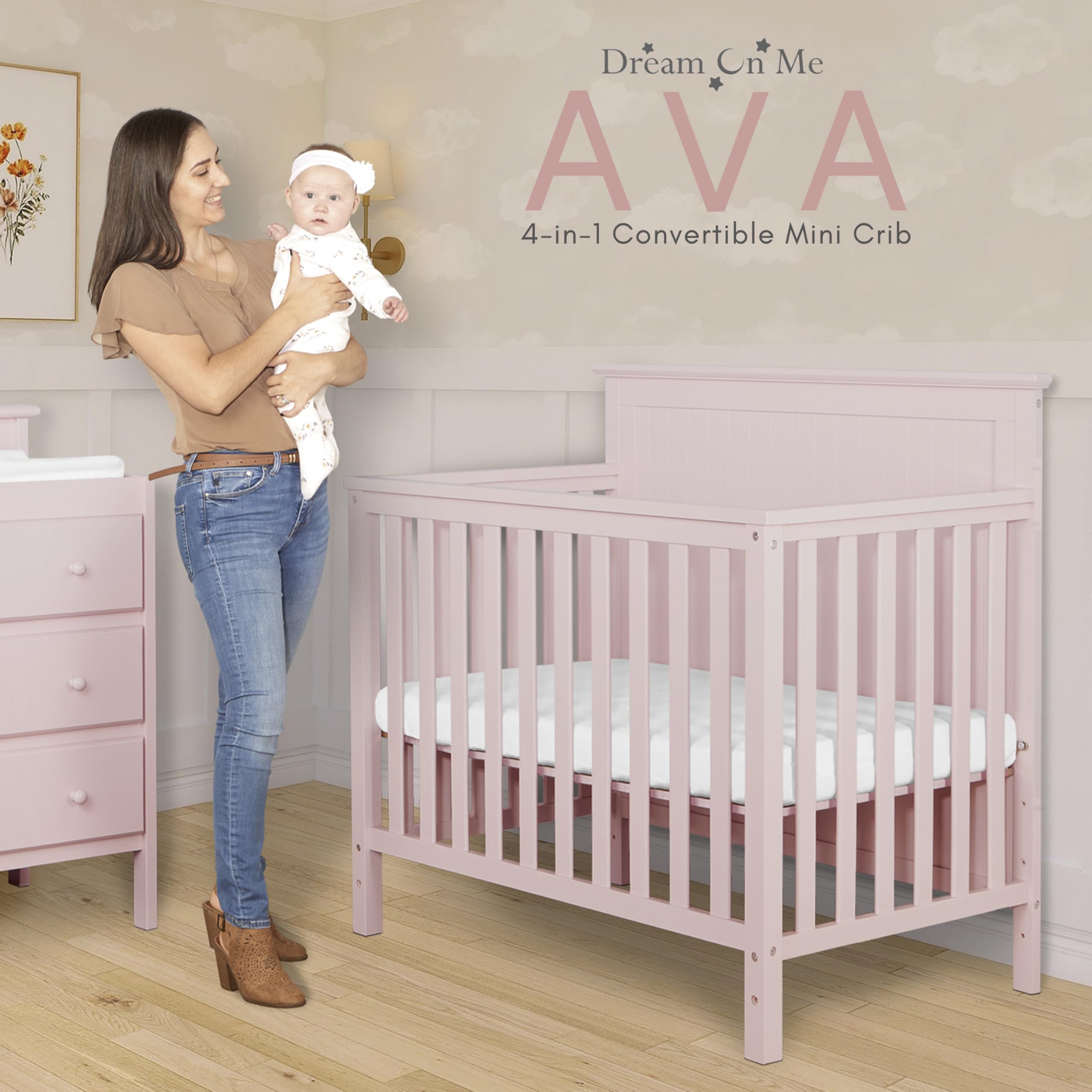 Dream On Me Ava 4-in-1 Convertible Mini Crib - Blush Pink | Greenguard Gold Certified & Non-Toxic Finish | Includes 1