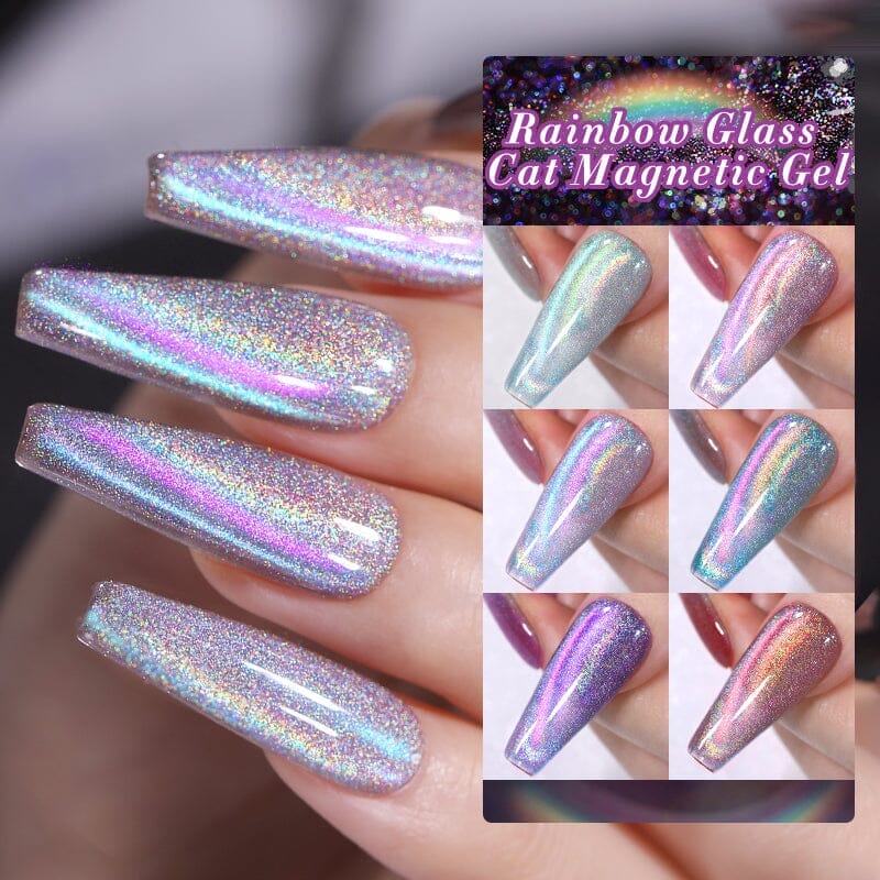 6 Colors Rainbow Glass Cat Magnetic Gel 7ml - Fun Nail Art Polish for DIY Manicure at Home or Salon, Perfect Gift for Cat Lovers