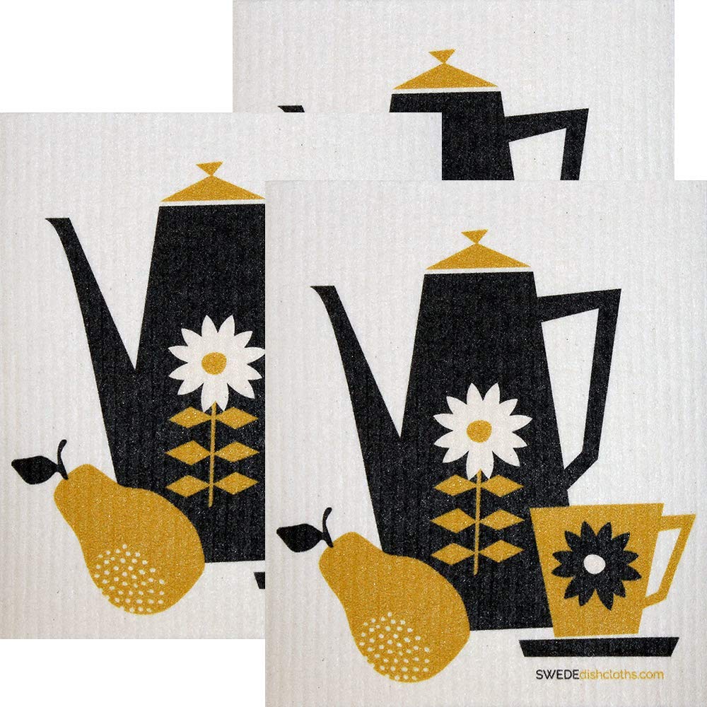 Eco-Friendly Cellulose Sponge Dish Towels - Set of 3 Absorbent Swedish Dishcloths for Kitchen Cleaning | Retro Coffee Design | Perfect for Washing Dishes, Countertops & Household Cleaning