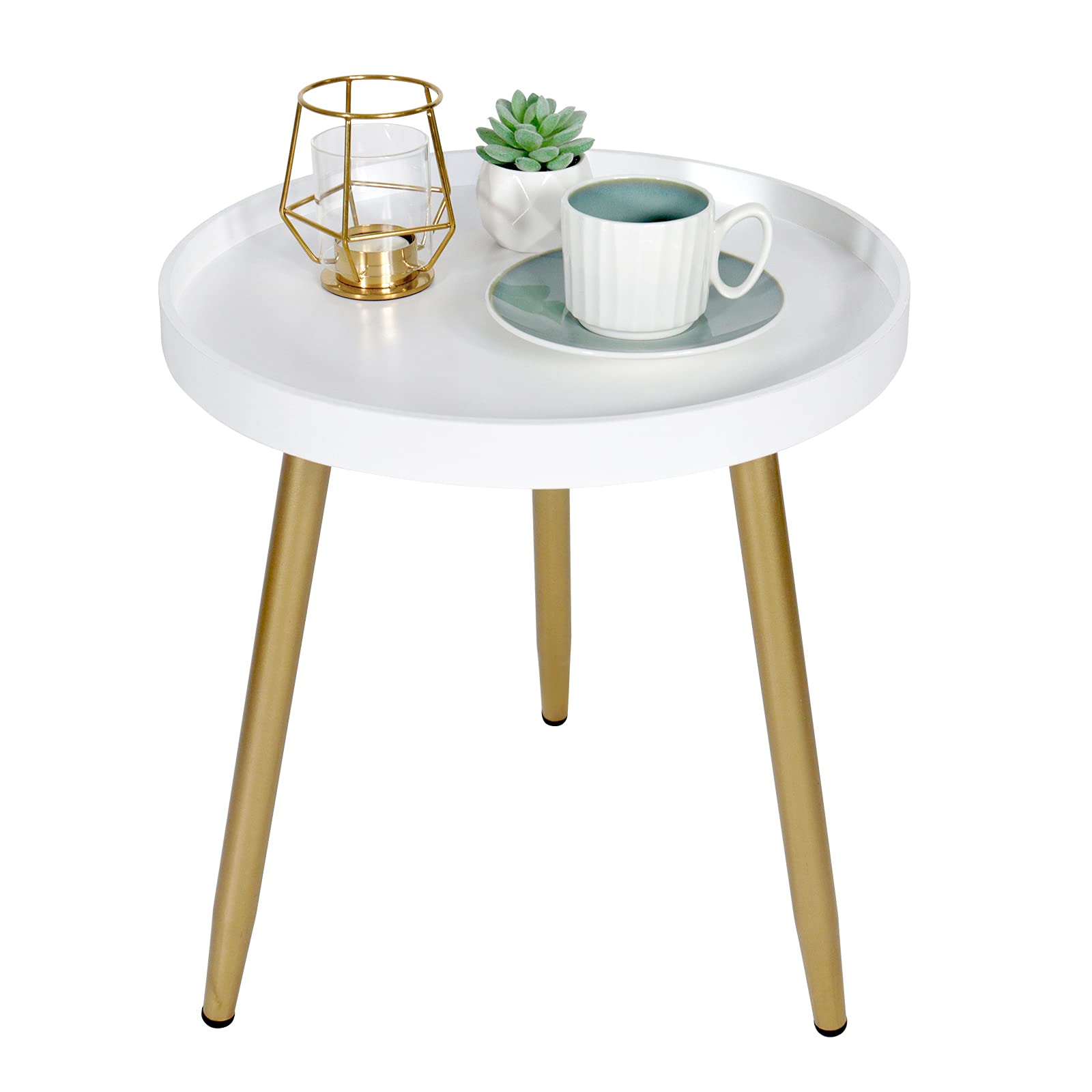 Round Metal Tray Side Table - Rustproof & Waterproof End Table for Indoor/Outdoor Use, White Accent Coffee Table for Living Room, Patio, Bedroom Nightstand or Sofa Side Table