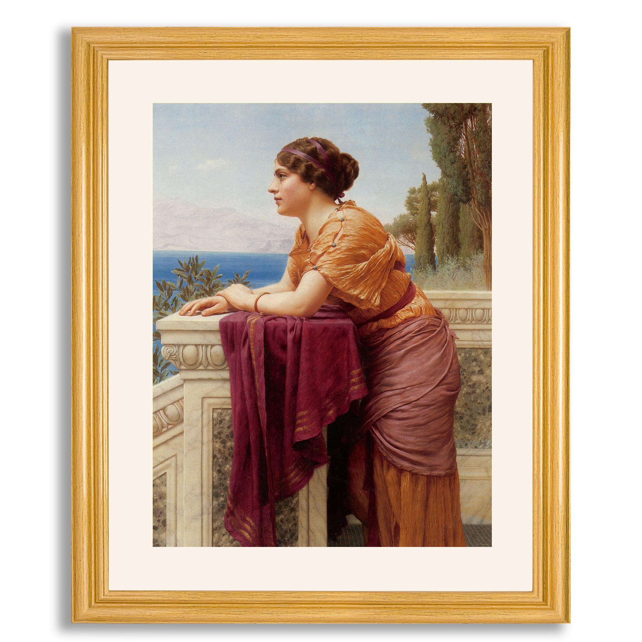 John William Godward The Belvedere Framed Art Print - Premium Canvas Painting Reproduction in Wood Frame - Vintage Wall Decor for Living Room, Bedroom & Office - Perfect Home Gift for Art Lovers & Classic Interior Design