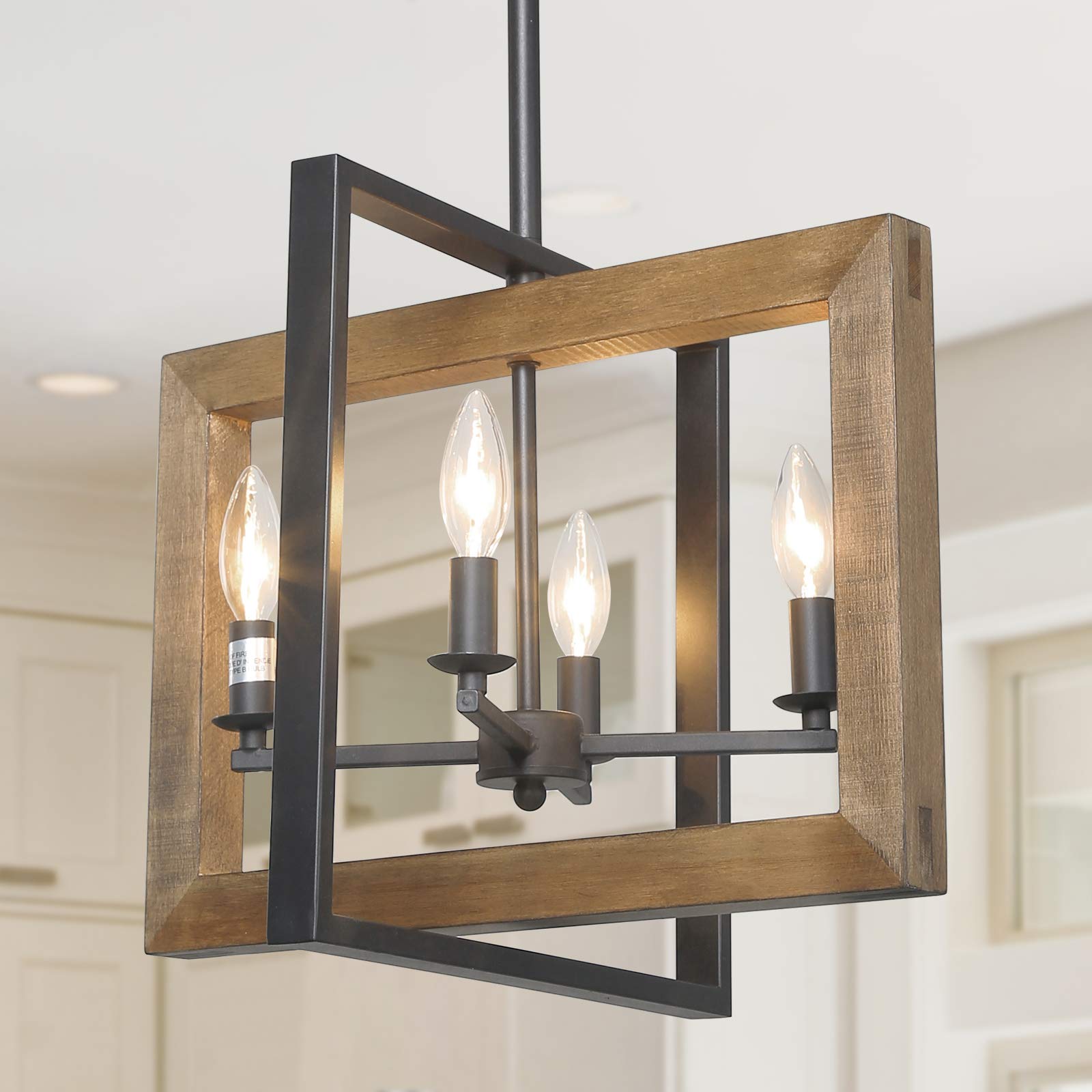 LOG BARN Farmhouse Chandelier - Distressed Wood & Metal Finish Black Pendant Light for Dining Room, Kitchen Island | Rustic Lighting Fixture for Country Style Home Decor