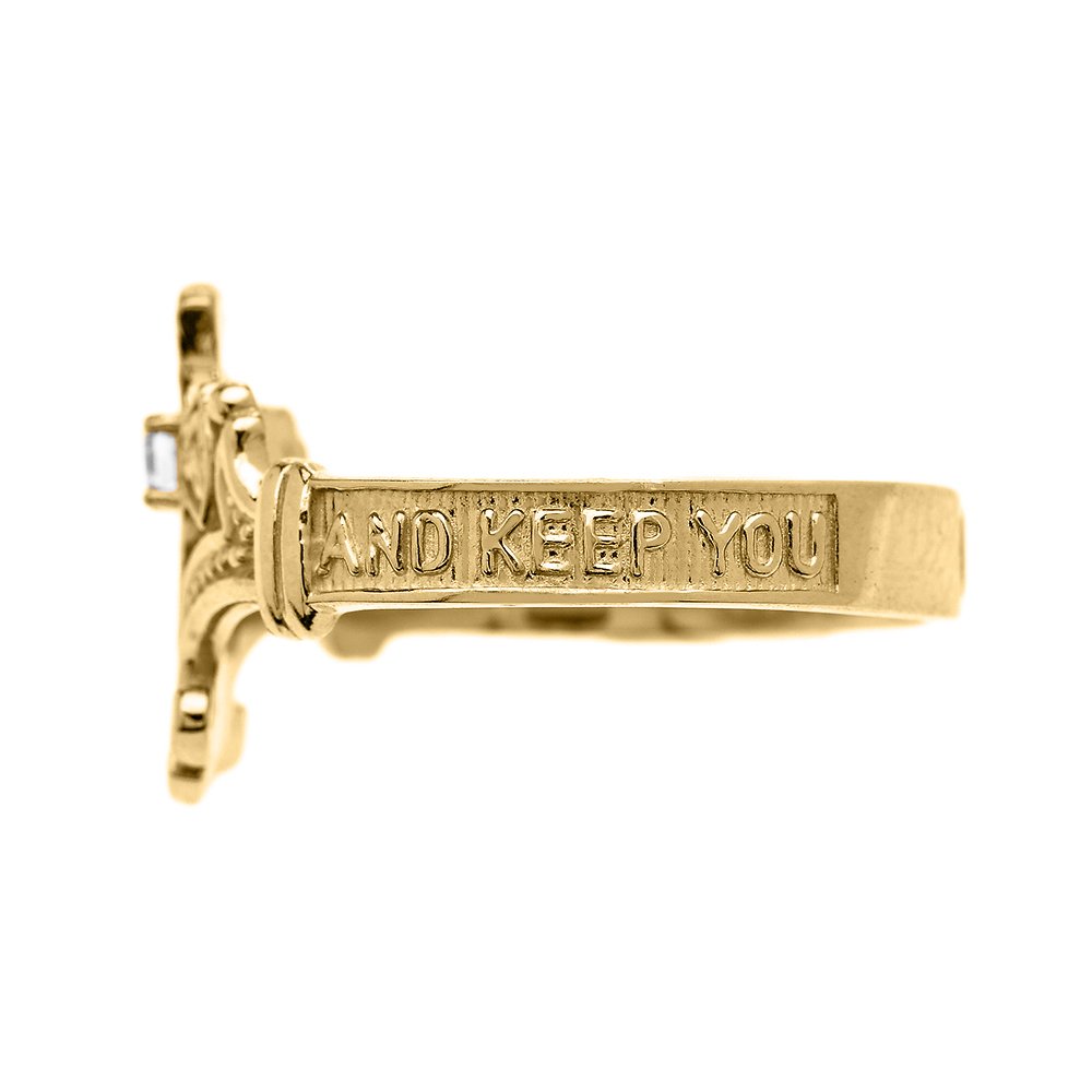 10K Yellow Gold Solitaire Diamond Celtic Cross Ring with Encrypted Prayer Blessings - Elegant Religious Jewelry for Women, Perfect for Baptism, Confirmation, Church & Daily Wear