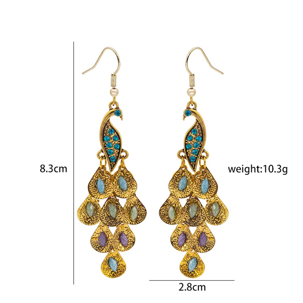 Sparkling Rhinestone Crystal Peacock Earrings for Women | Bohemian Vintage Dangle Drop Earrings | Blue Crystal Feather Statement Jewelry | Silver & Rose Gold Long Tassel Earrings | Perfect for Parties, Weddings & Boho Fashion