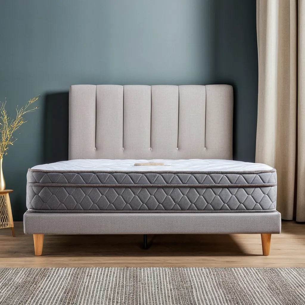 Kazura Upholstered Fabric Bed Frame - Queen Size Platform Bed with Wooden Slats, Noise-Free Support for Bedroom, Guest Room, or Dorm