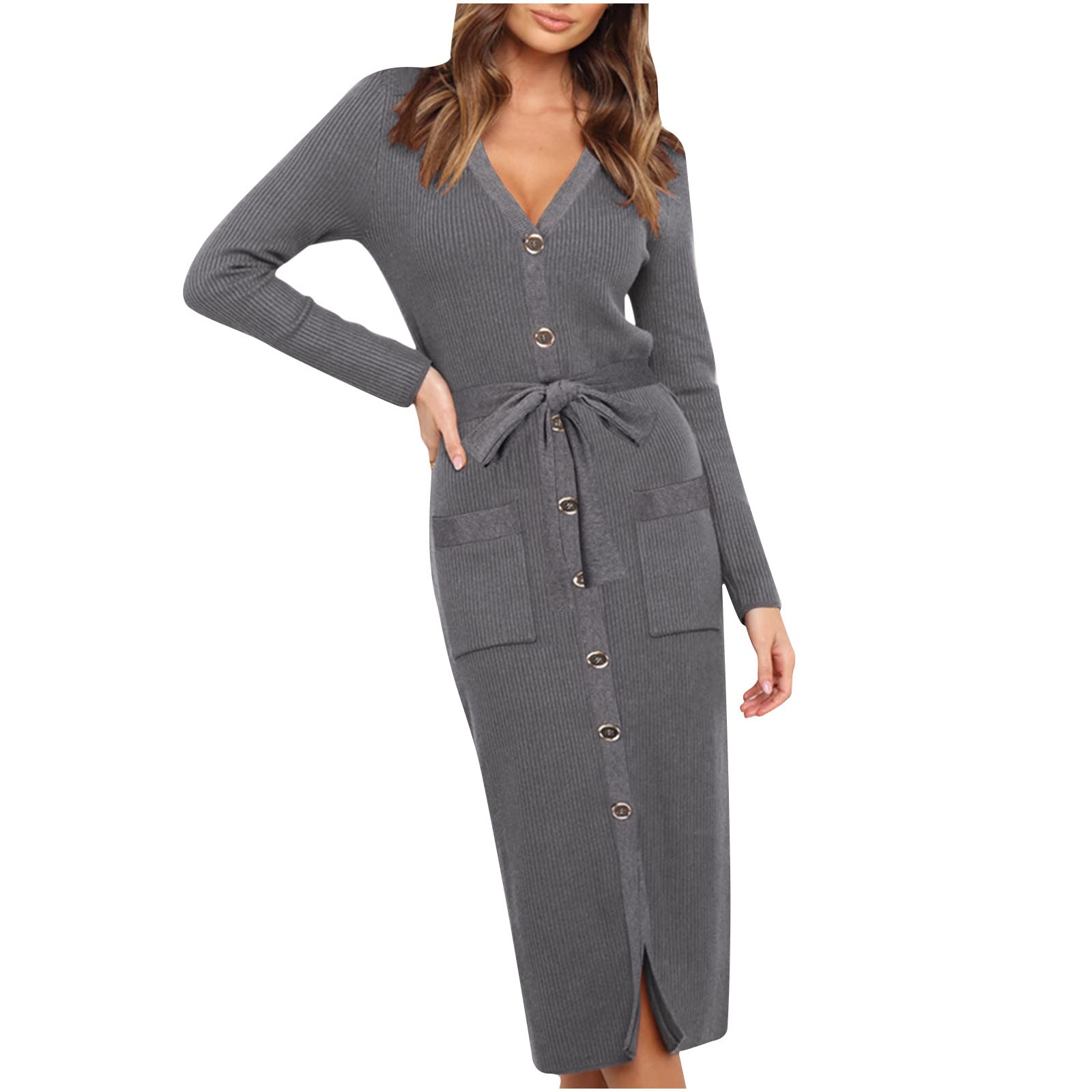 Lisgai Women's Solid Button Long Sleeve Knit Sweater Dress - Slim Fit Bodycon Casual Dress for Spring - Perfect for Office, Date Night & Weekend Outings