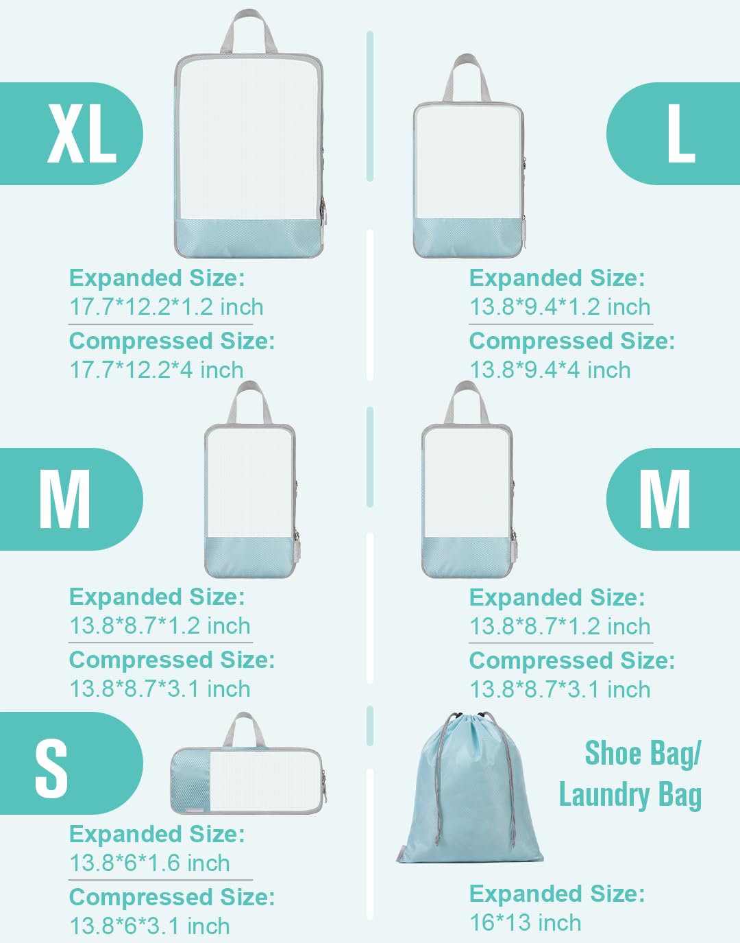 WOOMADA 6-Piece Compression Packing Cubes Set - Expandable Mesh Travel Organizer for Suitcases & Luggage - Perfect for Business Trips, Vacations & Weekend Getaways