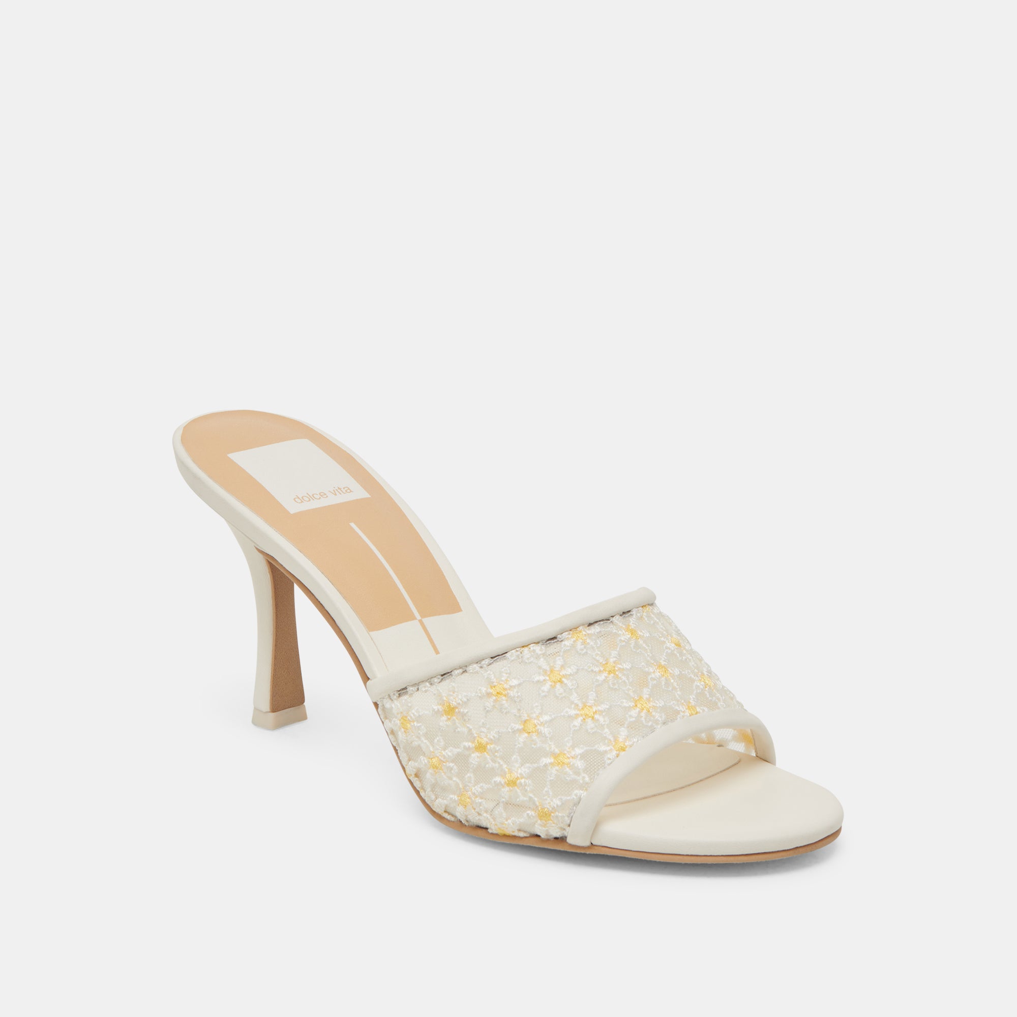 LAVENA Women's Floral Heels - White & Yellow Mesh Summer Sandals for Weddings, Parties & Outdoor Events