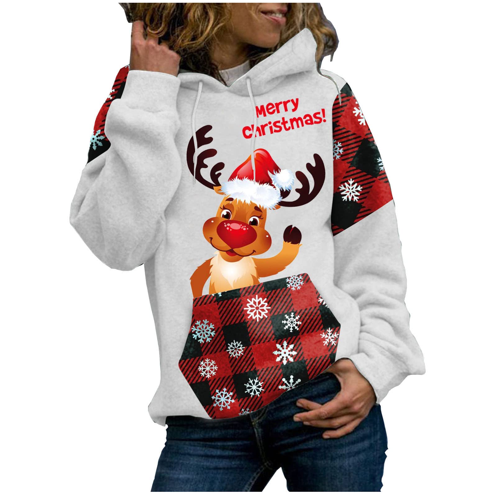 Women's Fall Fashion Hoodie - Casual Slim Fit Christmas Print Lattice Hooded Sweatshirt | Cozy Seasonal Outfit for Holidays, Winter Layering & Casual Wear