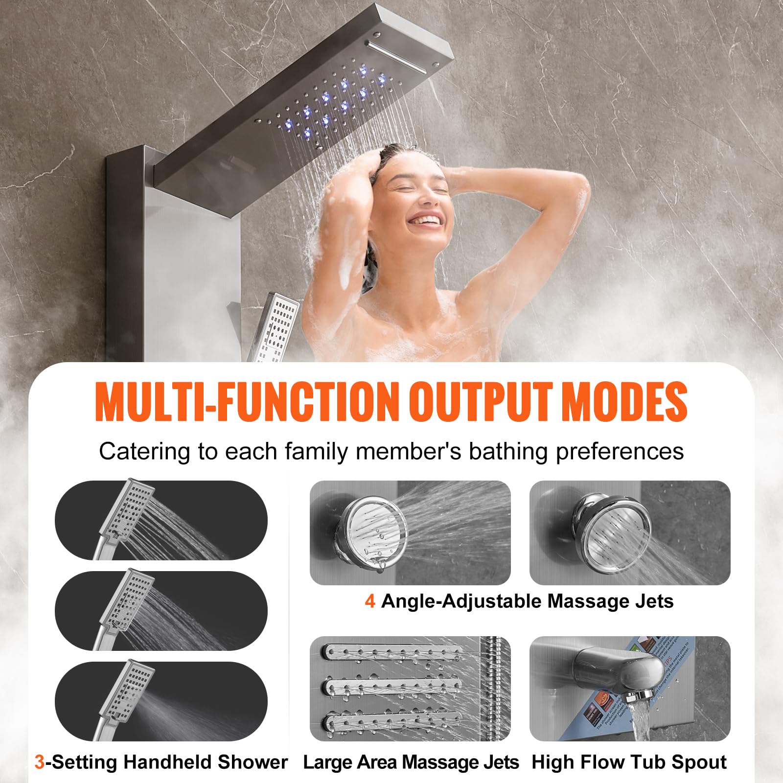 VEVOR Stainless Steel Shower Panel Tower System - 6 Shower Modes (Rainfall, Waterfall, Massage) with LED Screen, Hydroelectric Power, 5 Jets & Handheld Shower - Wall Mounted Bathroom Upgrade for Spa-Like Experience at Home