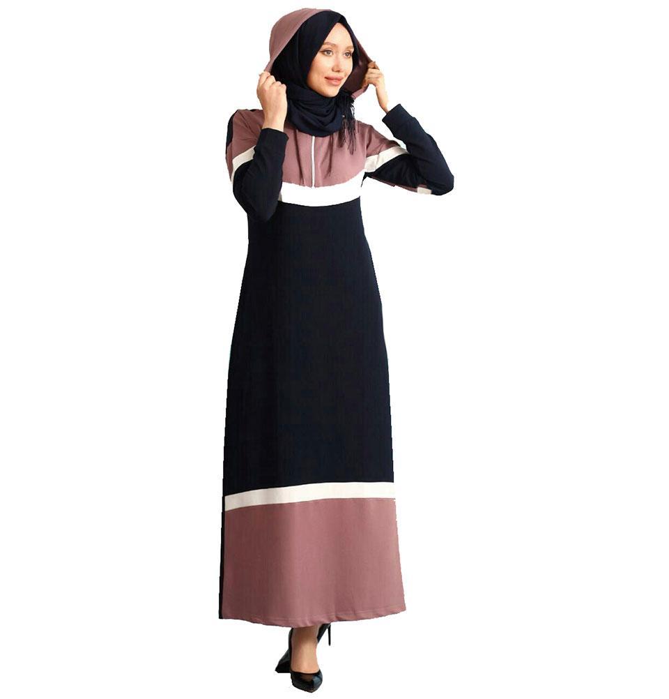 Modest Sporty Abaya 9038 - Mauve, Navy & White Islamic Prayer Dress for Women | Perfect for Gym, Yoga & Everyday Wear