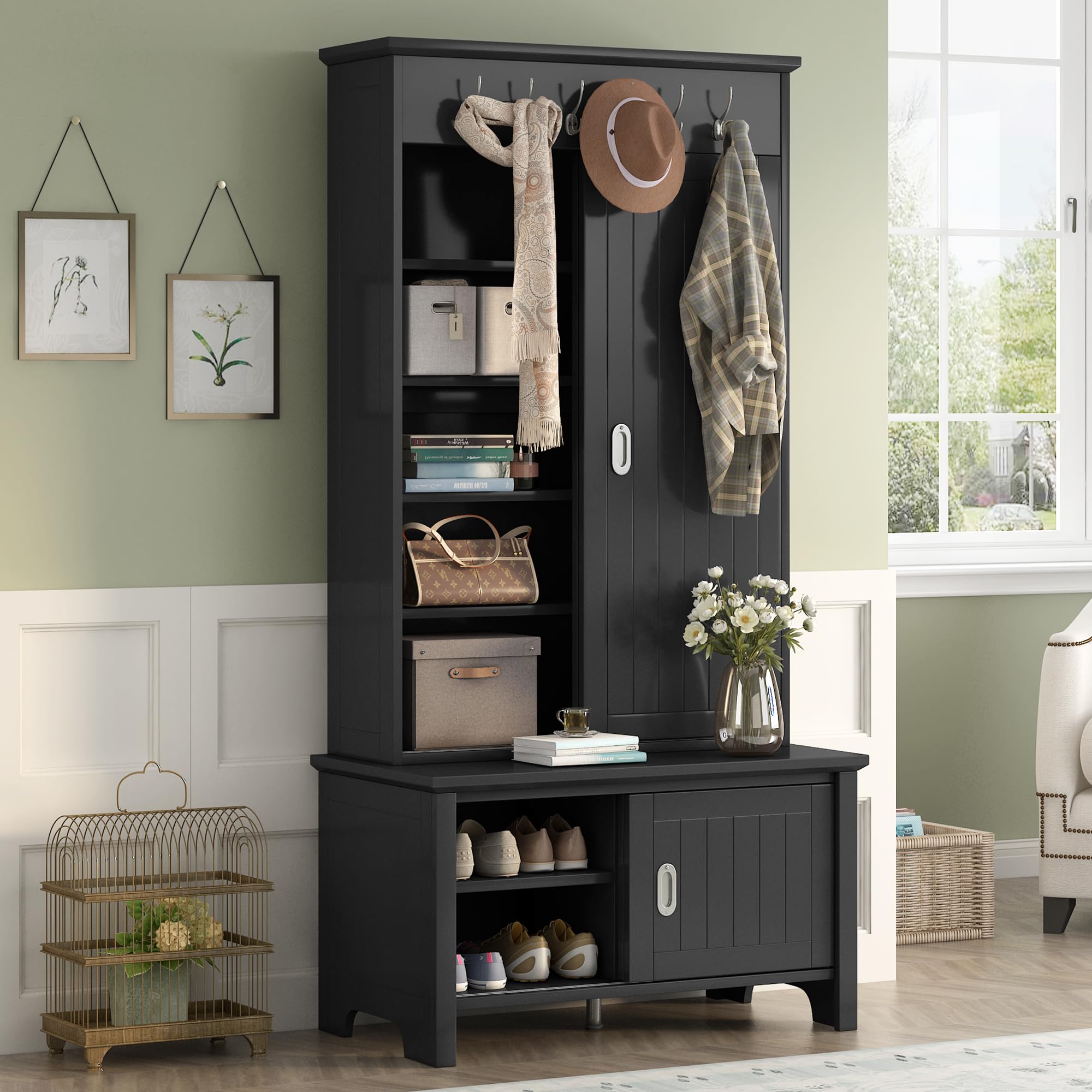 Merax Hall Tree with Sliding Doors - Wooden Entryway Shoe Cabinet, Storage Bench & Shelves - Multifunctional Coat Rack with Hanging Hooks for Mudroom & Entryway Organization - Perfect for Small Spaces, Apartments & Home Entry Storage (Black)