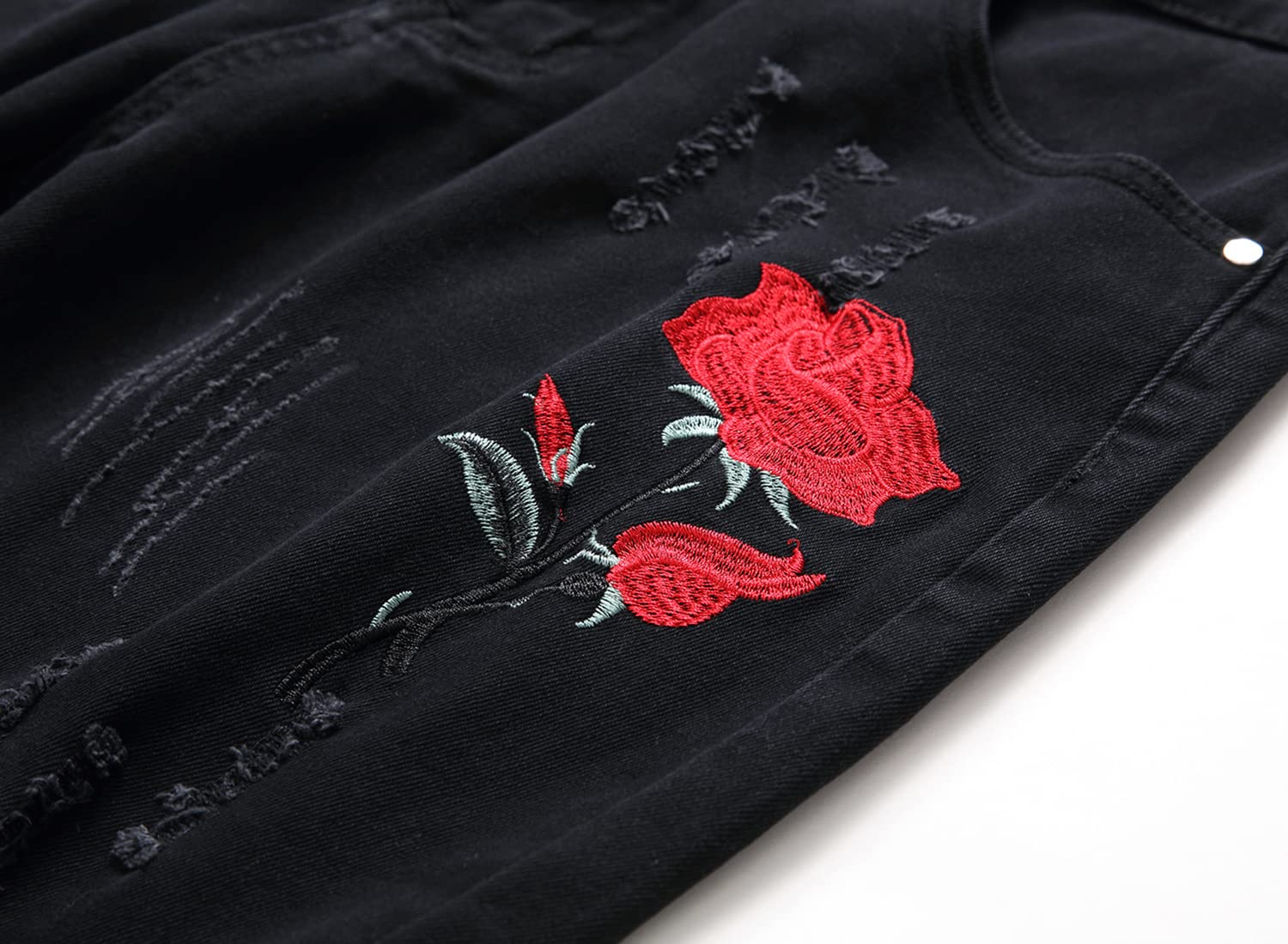 Men's Black Skinny Jeans with Ripped Holes & Rose Embroidery - Stretch Distressed Denim Pants (Size 28-38) | Trendy Casual Wear for Street Style & Night Out
