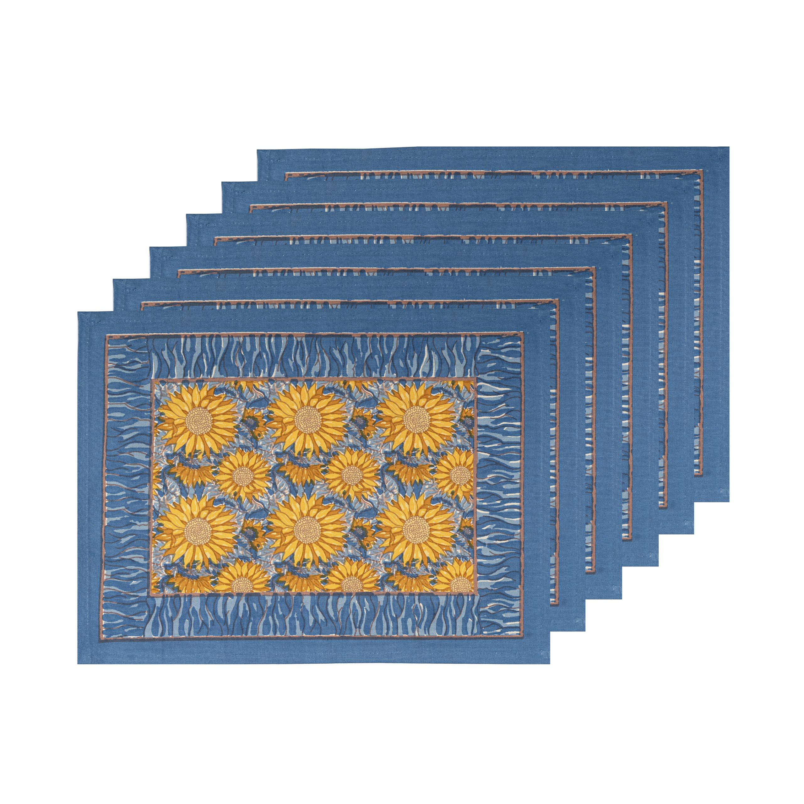 Premium Sunflower Placemats Set of 6 - 15x18 Inch Waterproof Table Mats in Yellow & Blue for Dining Room Decor, Kitchen Table Setting, and Outdoor Picnics