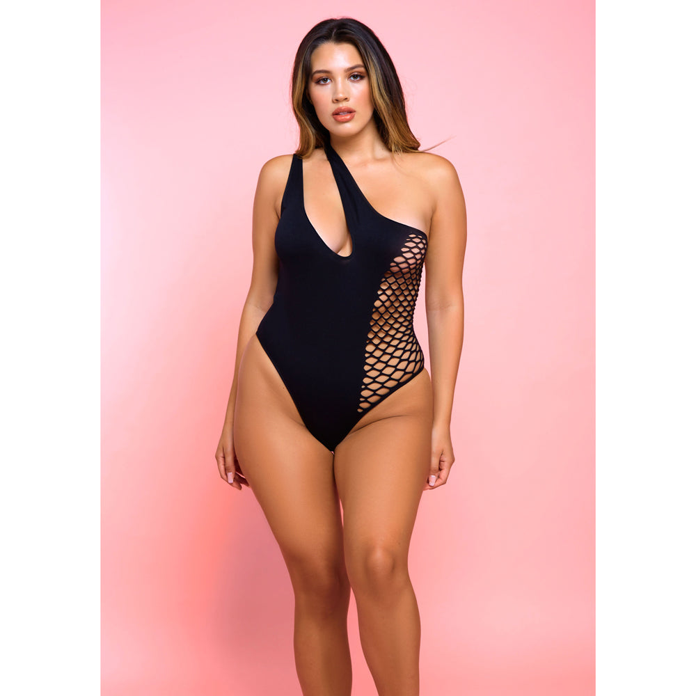 Glitter Ride Or Die Asymmetrical One Shoulder Fishnet Teddy Bodysuit for Women - Sexy Lingerie for Curvy Figures | Perfect for Valentine's Day, Bachelorette Parties & Romantic Nights