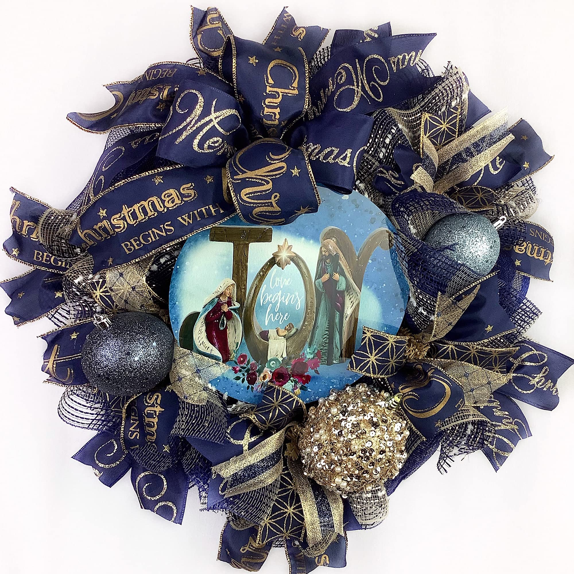 Nativity Christmas Wreath with Baby Jesus in Manger - Elegant Navy Blue & Gold Ball Ornaments and Bow - Perfect for Holiday Door Decor, Fireplace Mantel, and Christmas Tree Topper