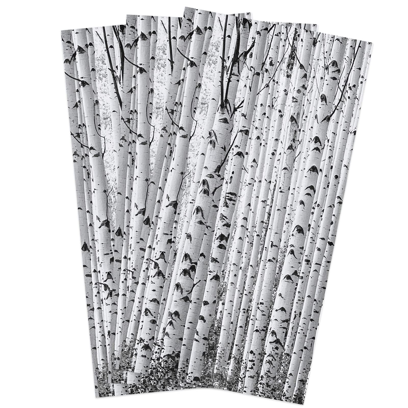 Premium Cotton Kitchen Towels Set of 3 - 16x28 Inches Soft Absorbent Dish Cloths, Tea Towels & Hand Towels in Elegant Black & White Birch Forest Design - Perfect for Kitchen, Bar, Restaurant & Home Decor Use