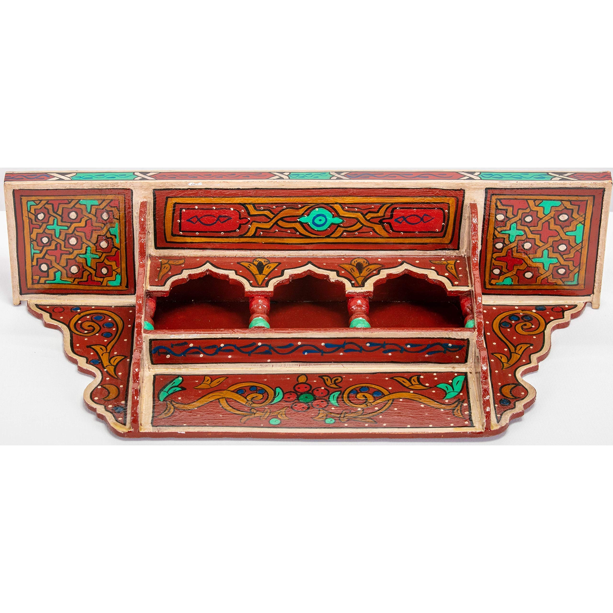 Vintage Floating Wood Spice Rack - Essential Oil Shelf, Book Display & Wall Mount Coat Hanger - Green Painted Triangle Shelf (Red Brick) for Kitchen, Bathroom & Living Room Organization