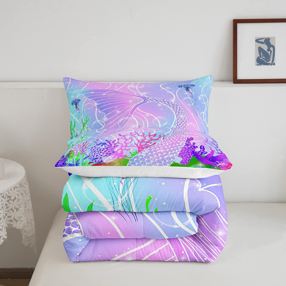 Mermaid Comforter Set - Ocean Sea Marine Themed Full Size Duvet with Purple Mermaid Scales | Soft Foam Bedding for Kids, Teens & Adults | Perfect for Underwater Themed Bedroom Decor & Nautical Nursery Design