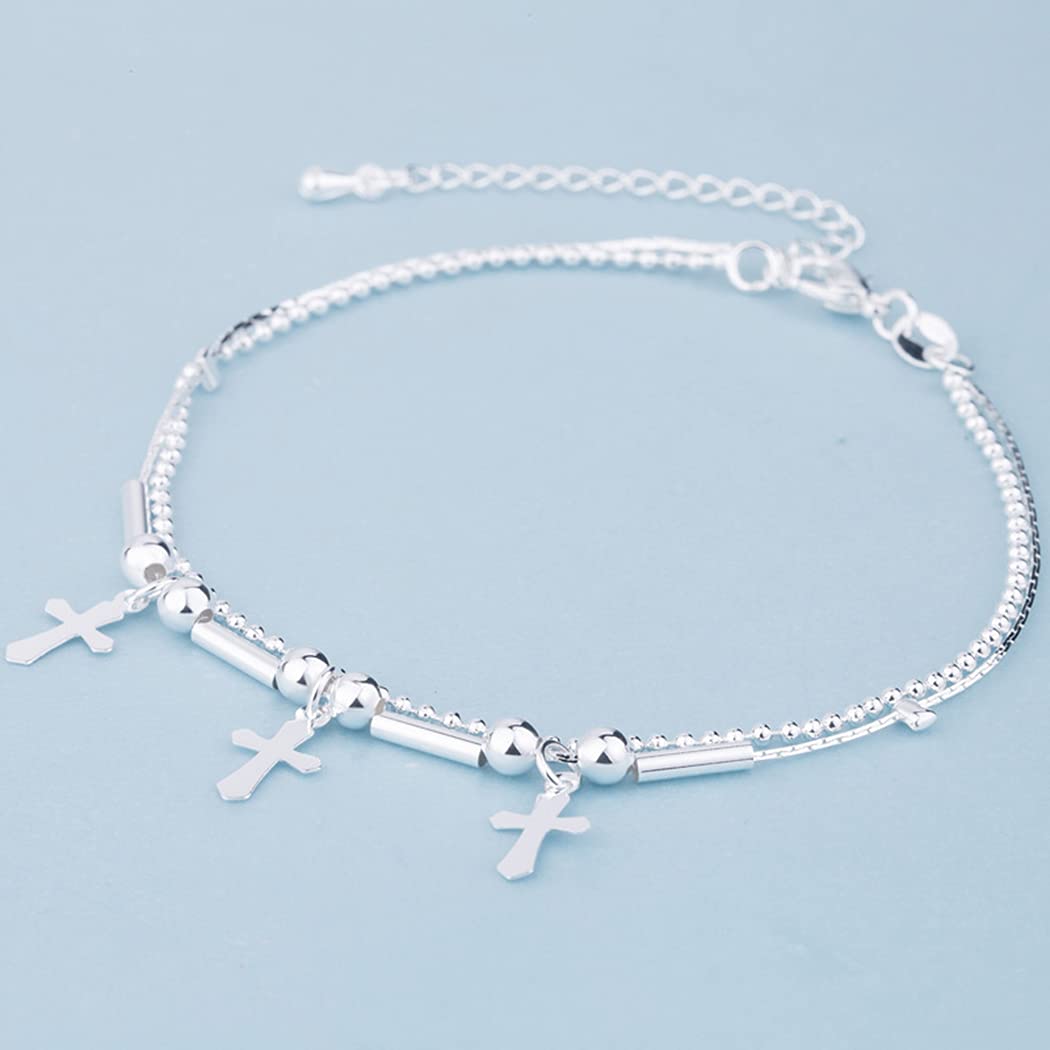 Chereda 925 Sterling Silver Geometric Cross Bead Double Layer Anklet for Women - Elegant Foot Jewelry for Beach, Party, Birthday Gifts & Everyday Wear