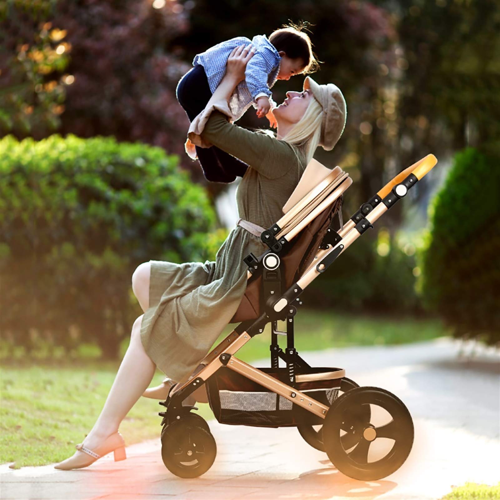 2-in-1 Convertible Baby Stroller with Reversible Bassinet | Foldable Aluminum Alloy Pushchair | Infant Pram & High Landscape Carriage (Gold) - Perfect for Newborns, Travel & Daily Walks