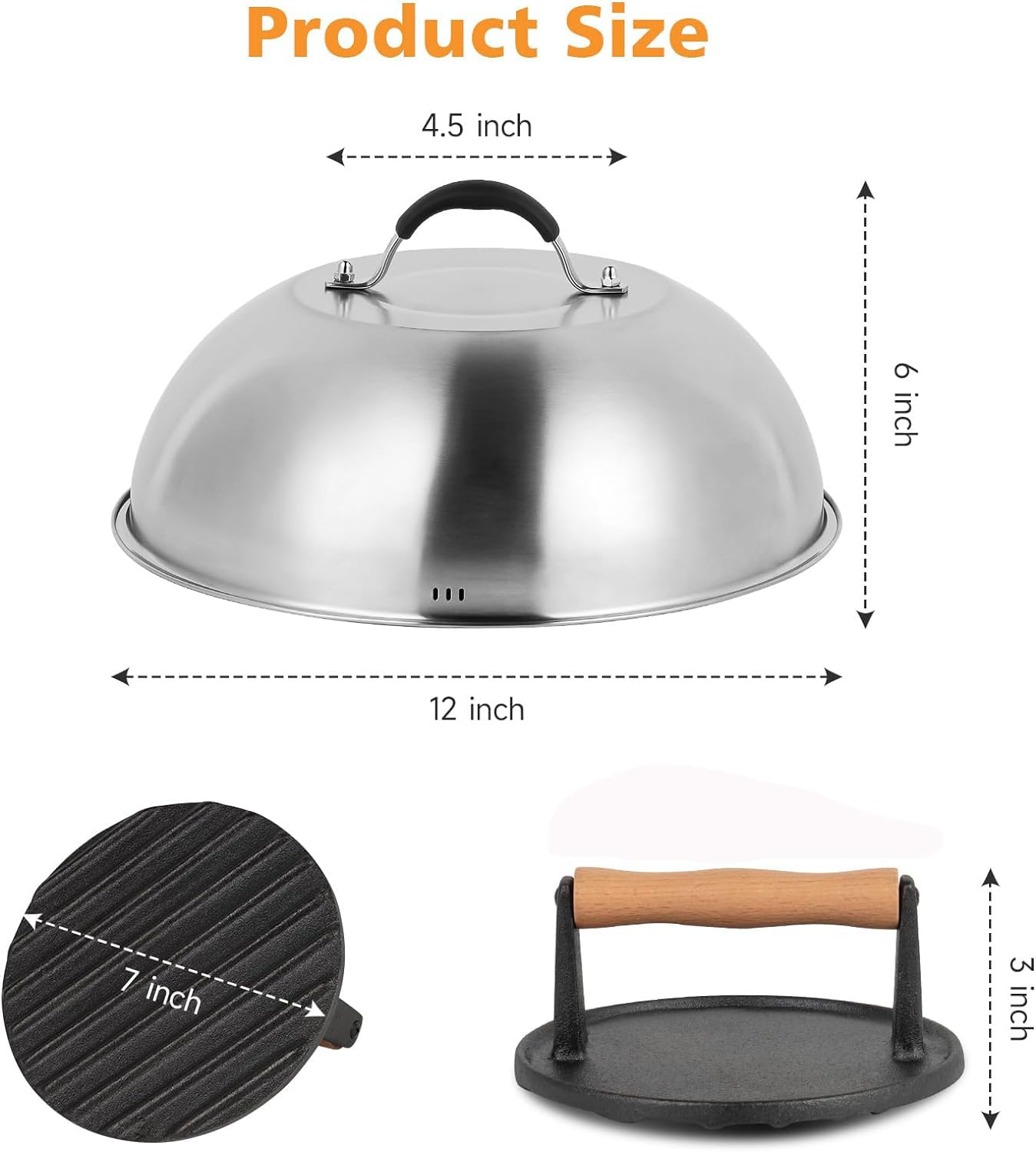 SHINESTAR 12-Inch Cast Iron Griddle Press with Melting Dome - Perfect for Burgers, Bacon, Panini & More - Compatible with Blackstone Griddle & Flat Top Grills - Indoor & Outdoor Cooking Accessories for BBQ, Camping & Backyard Parties