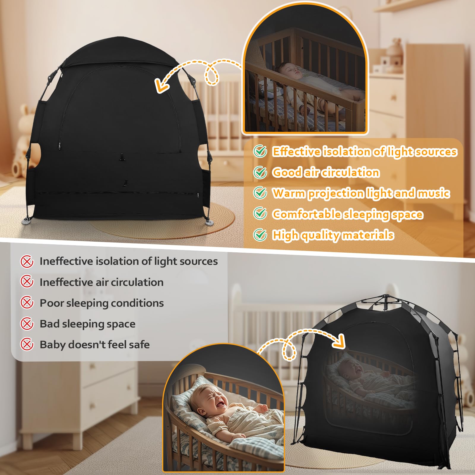 Blackout Tent for Pack N Play - Baby Sleep Tent with Star Projector, Breathable Mini Crib Cover for Kids & Toddlers | Blocks 98% Light, One-Click Setup | Perfect for Travel, Camping & Nursery Naps