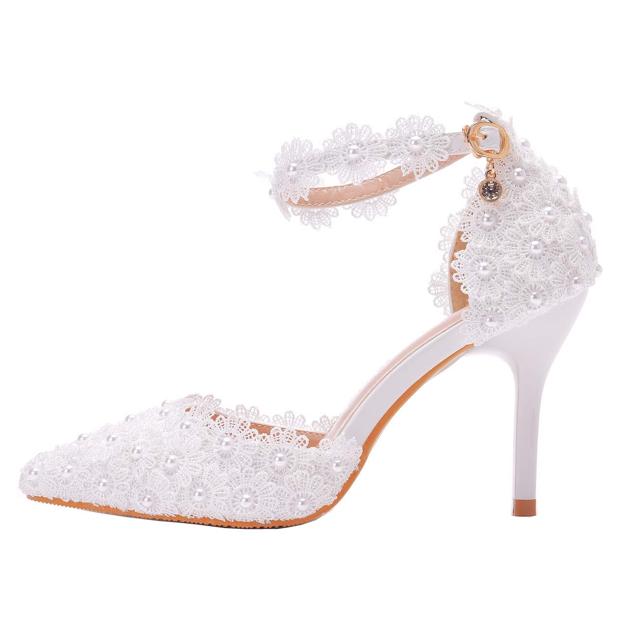 Elegant White Lace Pearl Wedding Heels for Women - Pointed Toe Bridal Sandals for Bride, Bridesmaid & Formal Occasions