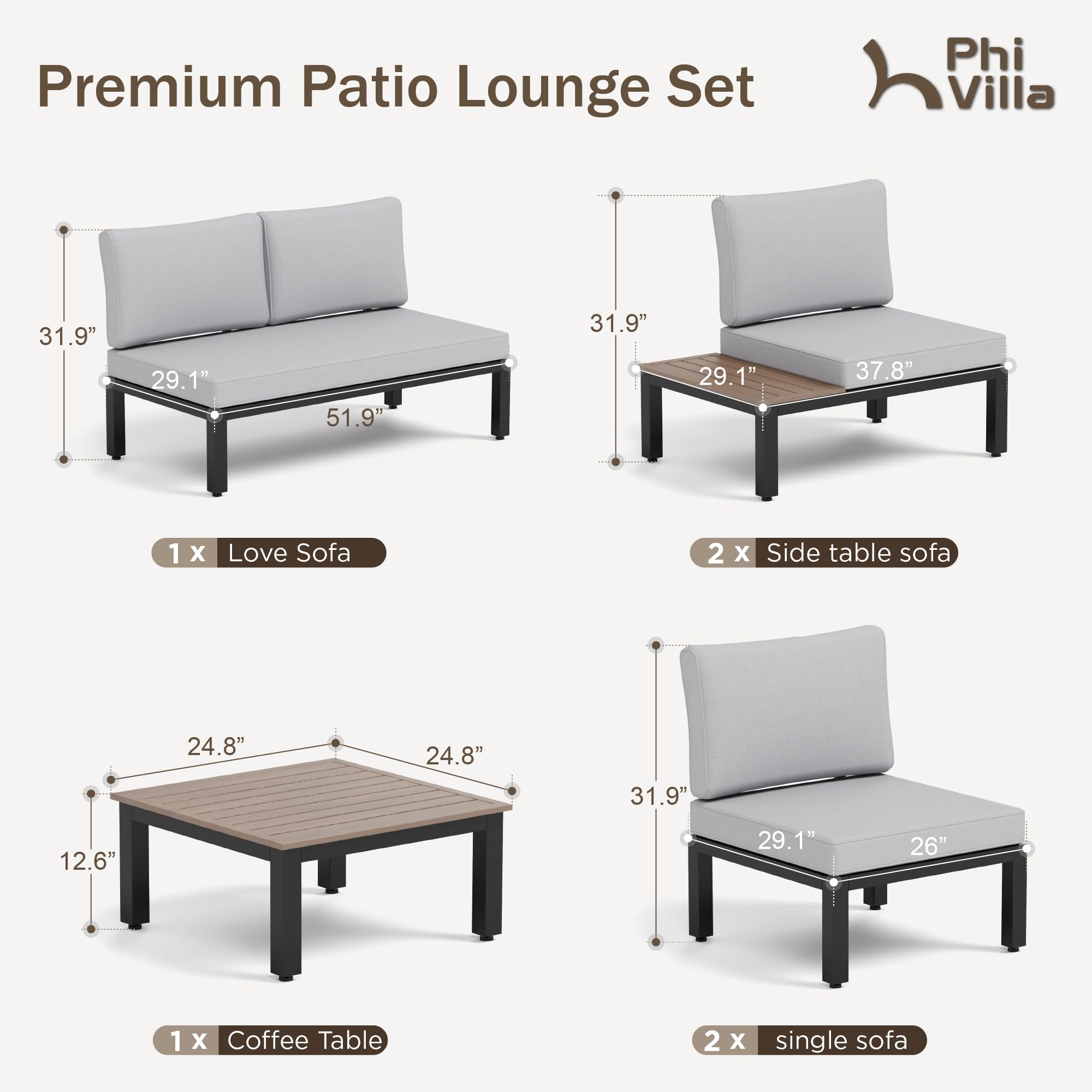 PHI VILLA 6-Piece Outdoor Metal Patio Furniture Set with Coffee Table & Removable Light Gray Cushions - Modular Sectional Sofa for Backyard, Garden, Poolside & Deck - Weather-Resistant Conversation Set for Relaxing & Entertaining