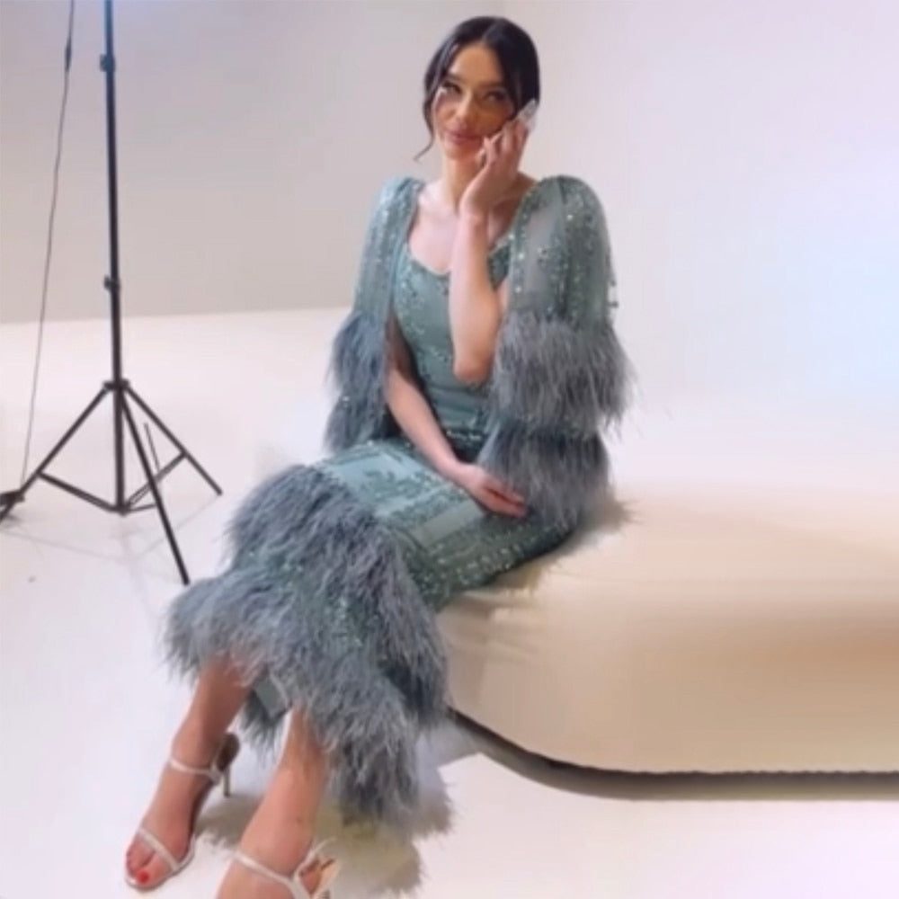 Serene Hill Luxury Turquoise Mermaid Evening Dresses 2025 - Beaded Feather Elegant Gowns for Women | Formal Party, Prom, Wedding Guest, Red Carpet Occasions
