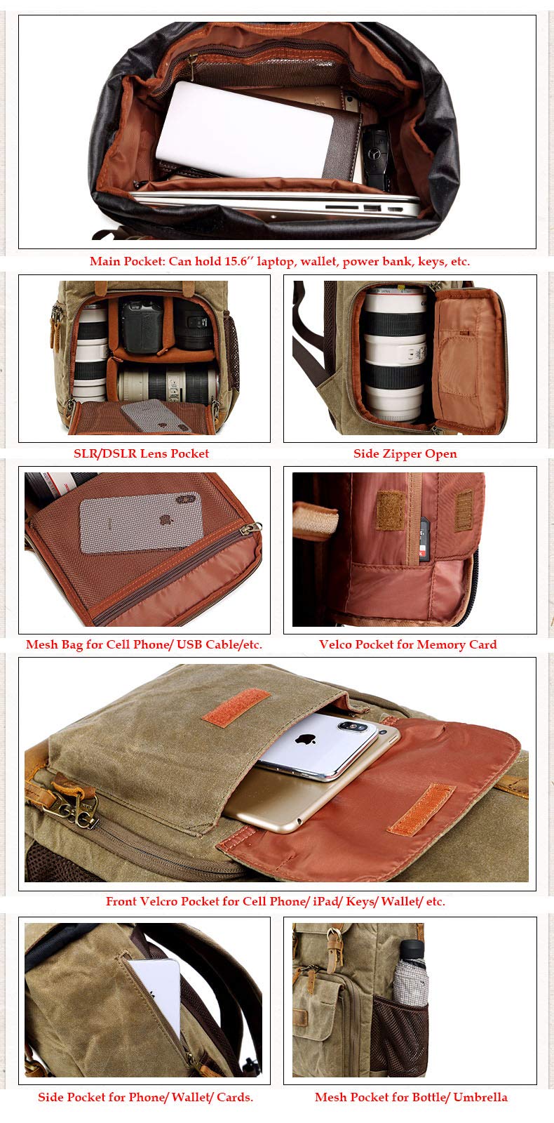 YUHAN Waterproof Canvas DSLR Camera Backpack - Large Capacity Anti-Shock SLR/DSLR Travel Bag with Front Open Access & Lens Organizer (Khaki) - Perfect for Photography Trips, Hiking & Outdoor Adventures
