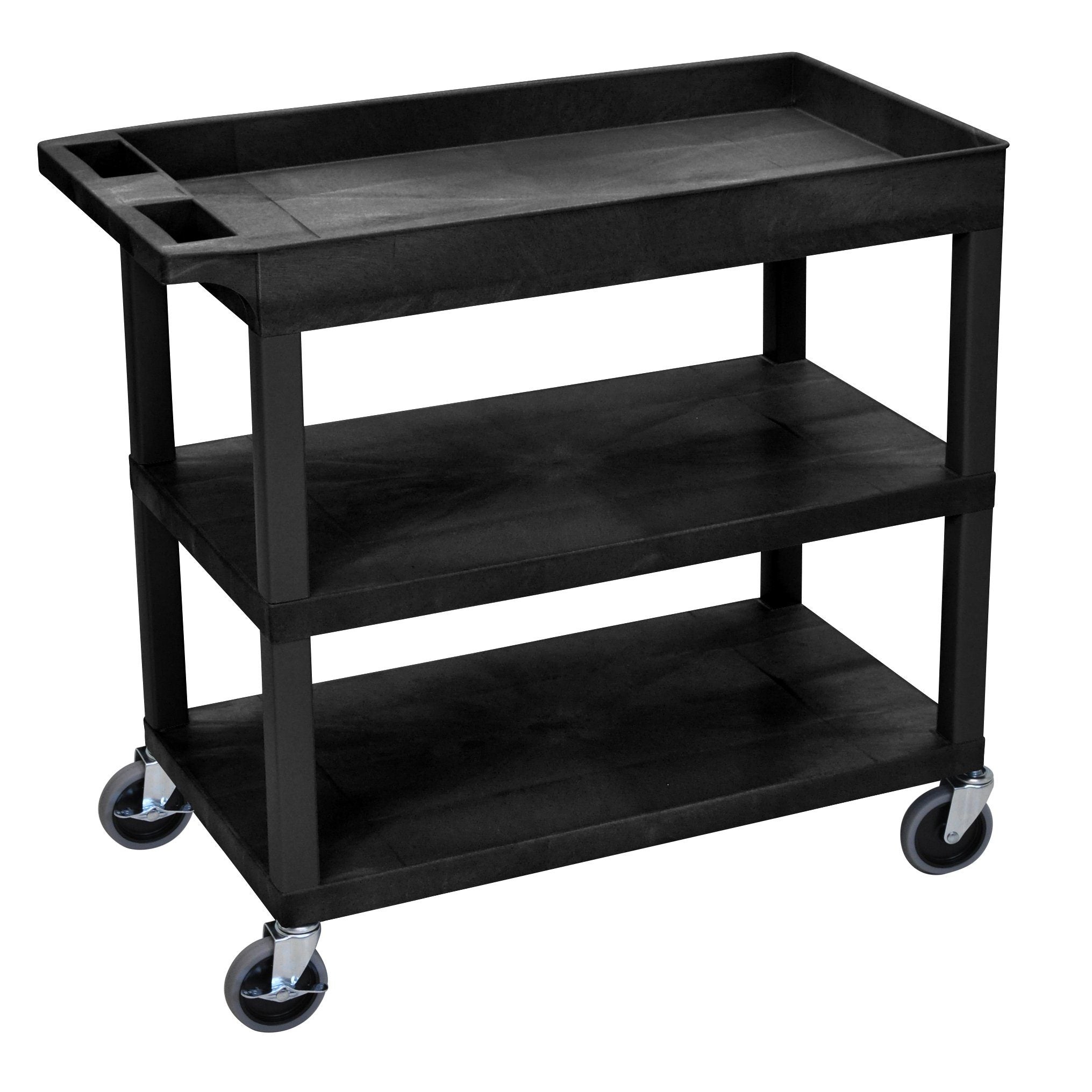 Black Luxor High Capacity 2 Flat and 1 Tub Shelf Cart - Heavy Duty Utility Cart for Kitchen, Office, or Garage Storage and Organization