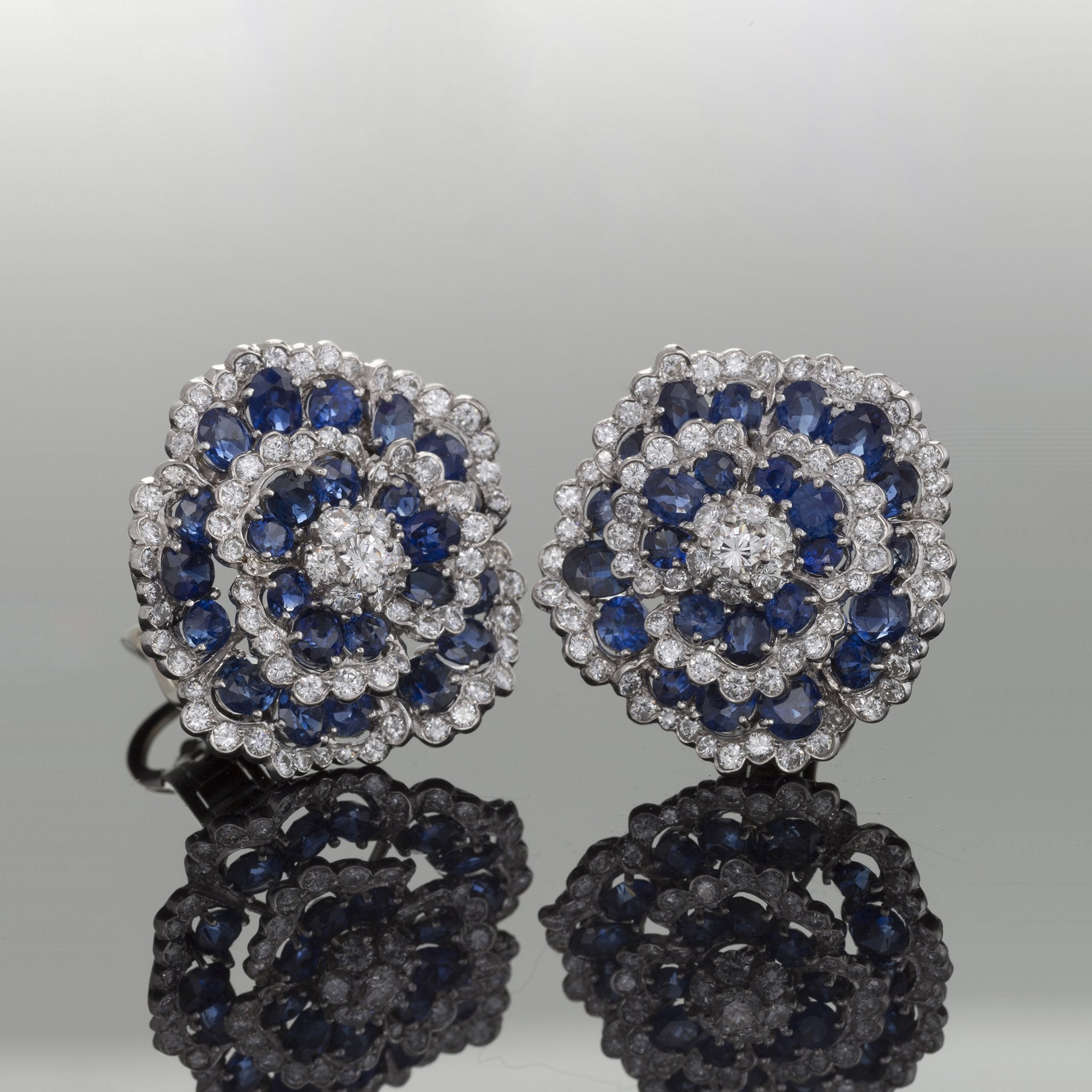 Van Cleef & Arpels Sapphire & Diamond Camellia Earrings - Luxury 18K White Gold Floral Stud Earrings for Women, Perfect for Weddings, Anniversaries & Special Occasions