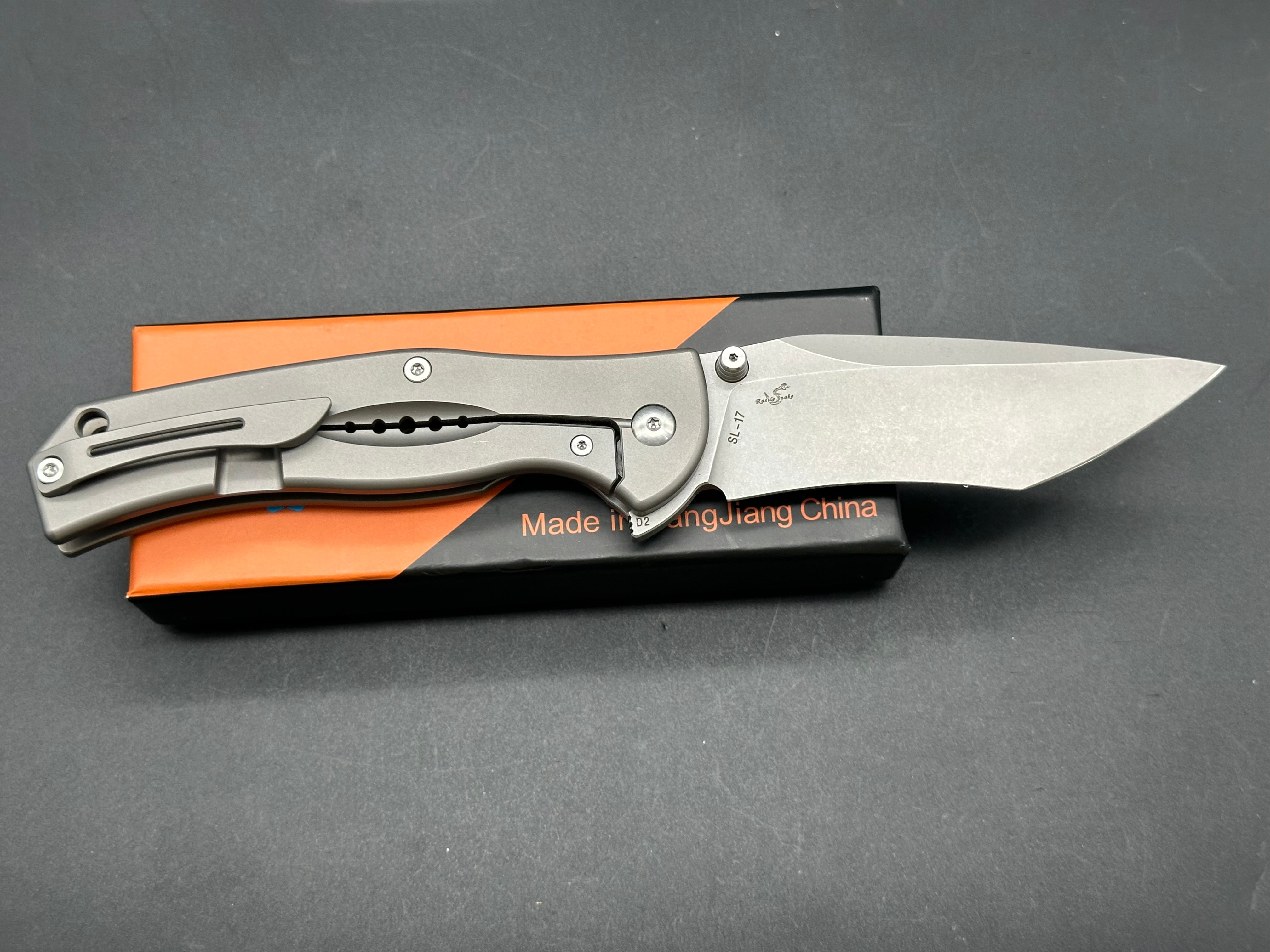 SixLeaf Flipper Folding Knife - Gray Titanium Handle, D2 Steel Plain Edge, SL-17 | EDC Pocket Knife for Outdoor, Camping & Everyday Carry