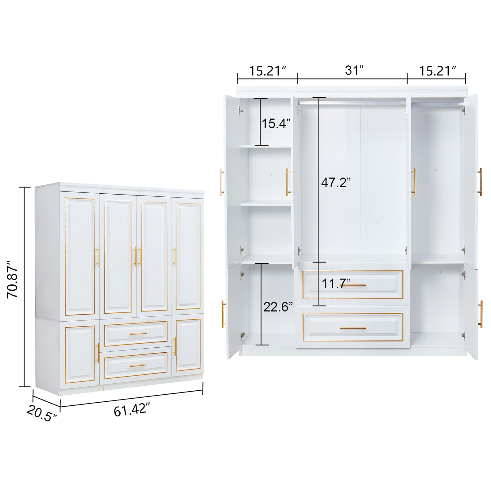 Luxury 4-Door Wardrobe Closet with 2 Wooden Drawers & Shelves - White Tall Storage Cabinet with Hanging Rod for Bedroom, Closet Organization & Home Decor - FSD-YG-17