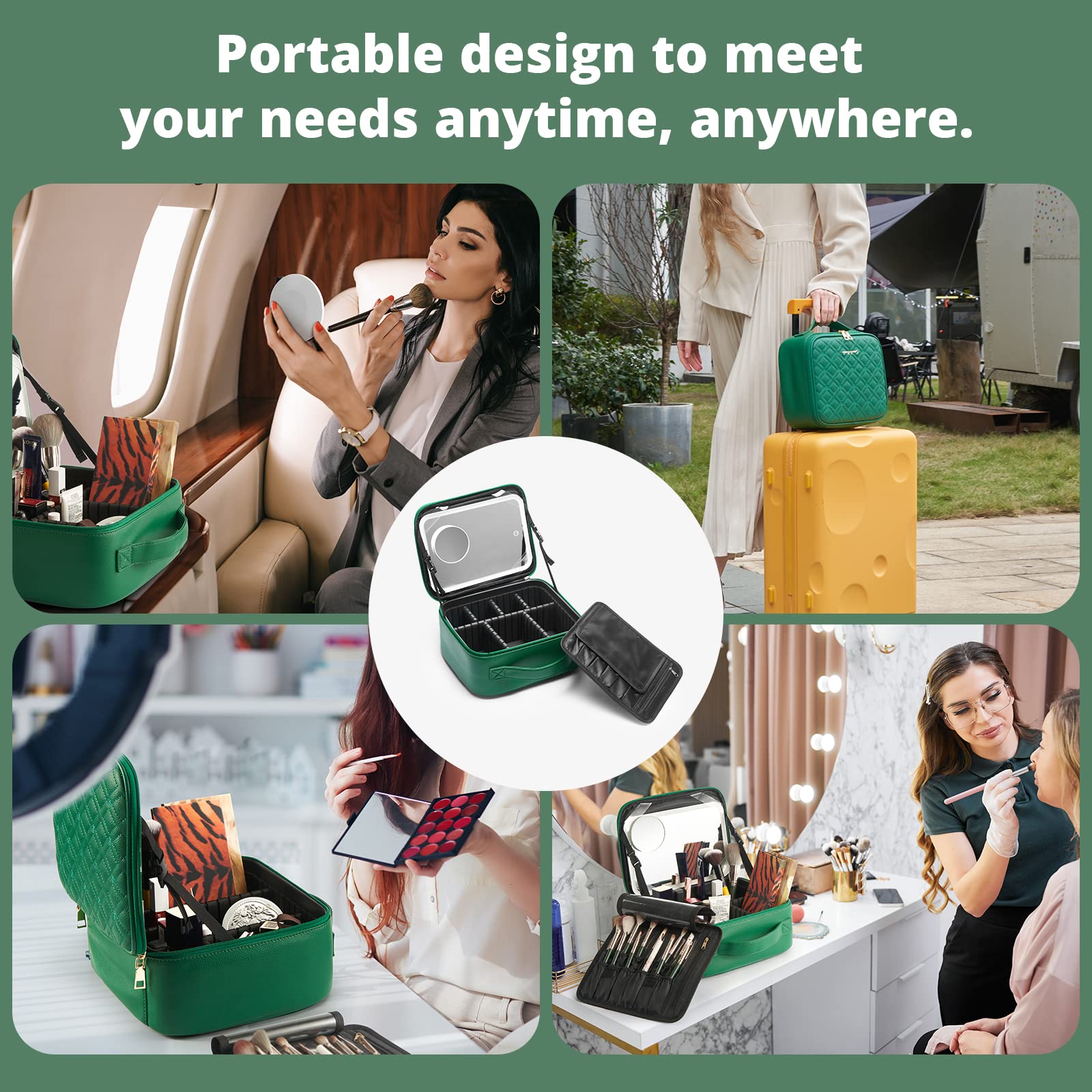 Omobolanle LED Lighted Makeup Train Case with Detachable Mirror & Adjustable Dividers - 10X Magnifying Mirror, Portable Cosmetic Organizer for Travel, Home & Professional Makeup Artists | Green