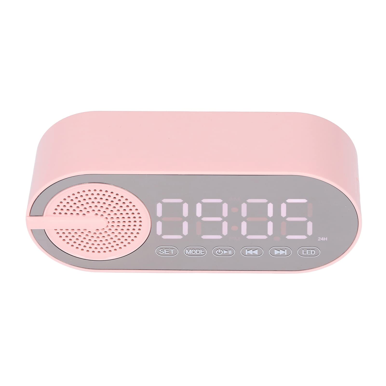 Wireless Bluetooth 5.0 Speaker Mirror Alarm Clock with FM Radio, USB Charging & SD Card Slot - Digital LED Display, Rechargeable Battery - Perfect for Bedroom, Travel & Hotel Use (Pink)