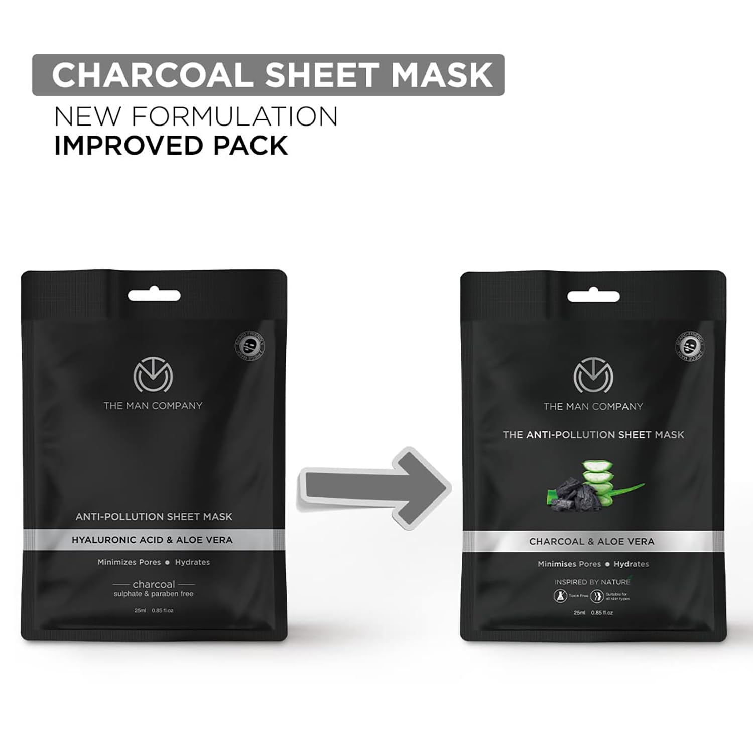 The Man Company Charcoal De-Tan Face Sheet Mask with Aloe Vera & Hyaluronic Acid - 25ml x 2 Pack | Detoxifying & Brightening for Men | Perfect for Post-Sun Care & Skin Rejuvenation