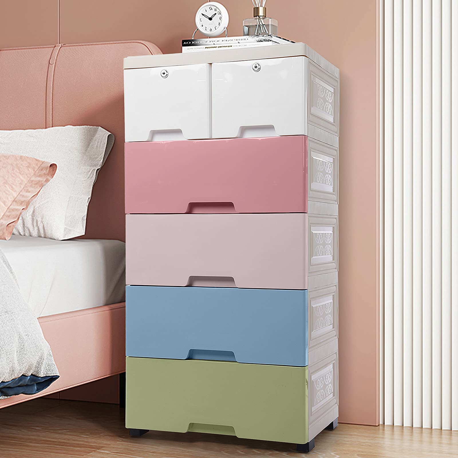 6-Drawer Plastic Storage Dresser Cabinet for Bedroom & Closet Organization - Multicolor Clothes Organizer (50x35x102cm/19.7x13.8x40.16in) - Perfect for Playroom, Nursery, Dorm & Small Space Storage Solutions