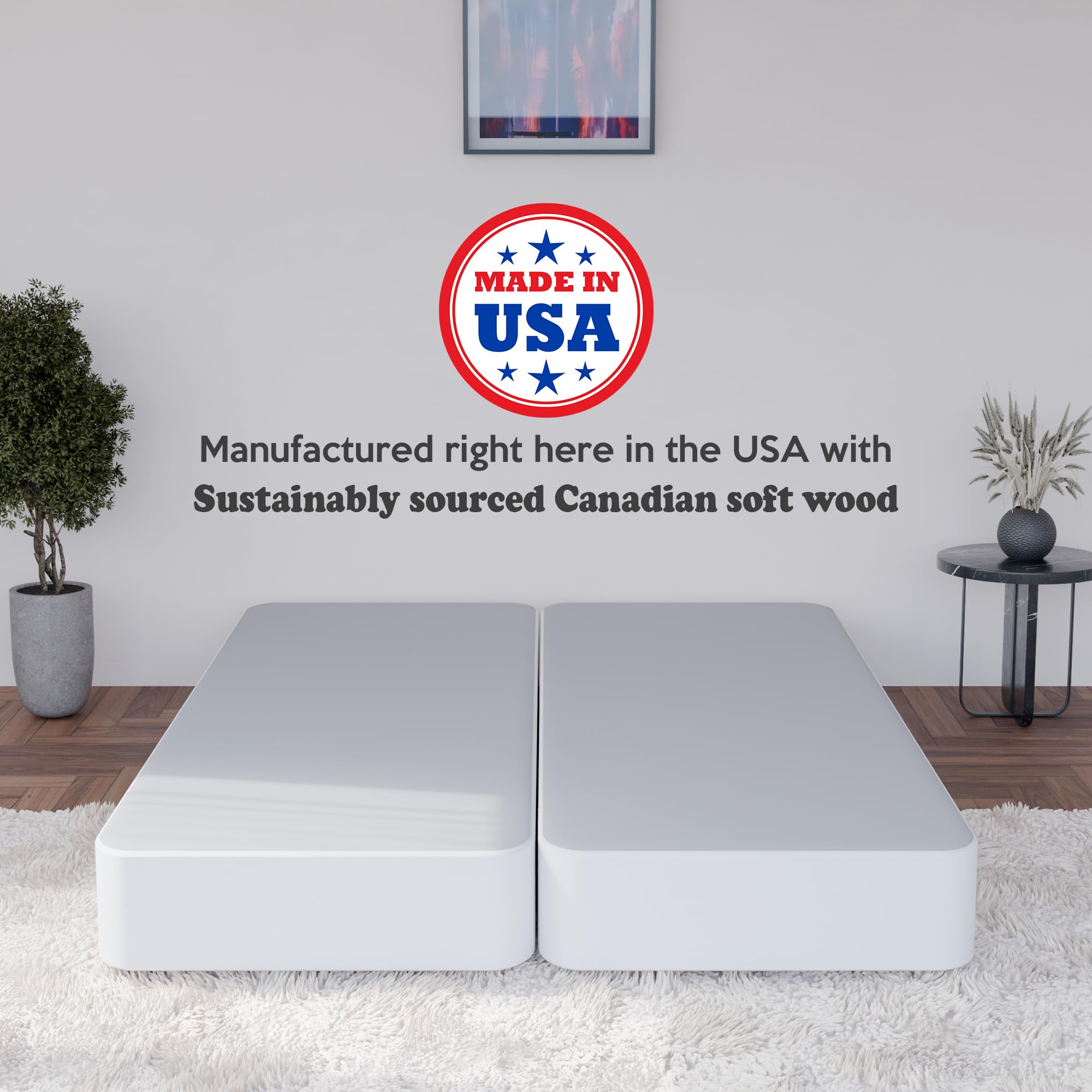 Greaton 4-Inch Sturdy Box Spring for Queen Mattress Support - Durable & Fully Assembled Natural Wood Foundation (White) | Bed Frame Support, Guest Room & Dorm Essentials