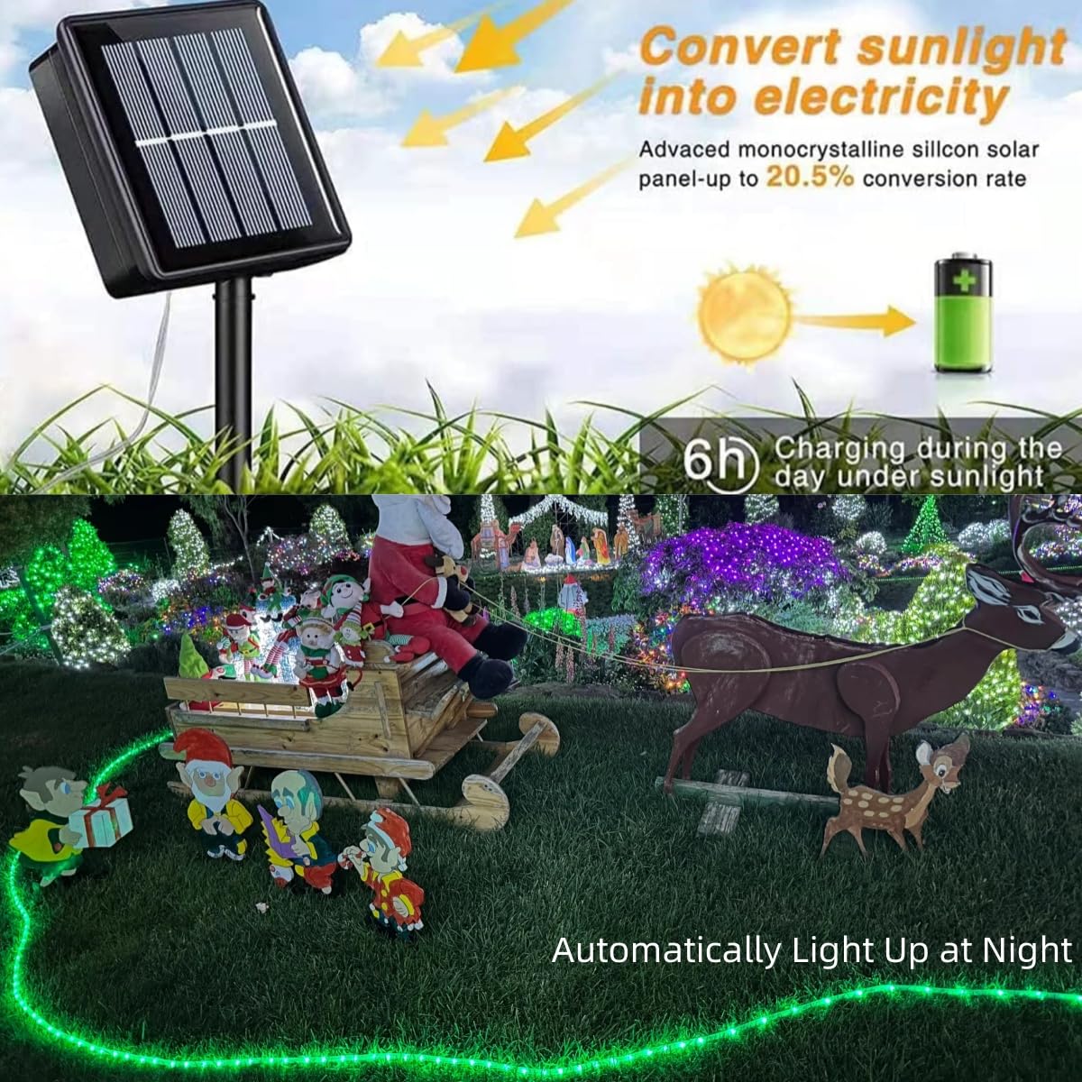 YEGUO 2 Pack 33ft 100 LED Solar Rope Lights Outdoor Waterproof - Green String Lights for Garden, Patio, Fence, Deck - 8 Lighting Modes Fairy Lights with Clear Thin Tube - Perfect for Camping, Backyard, Trampoline & Outdoor Decor