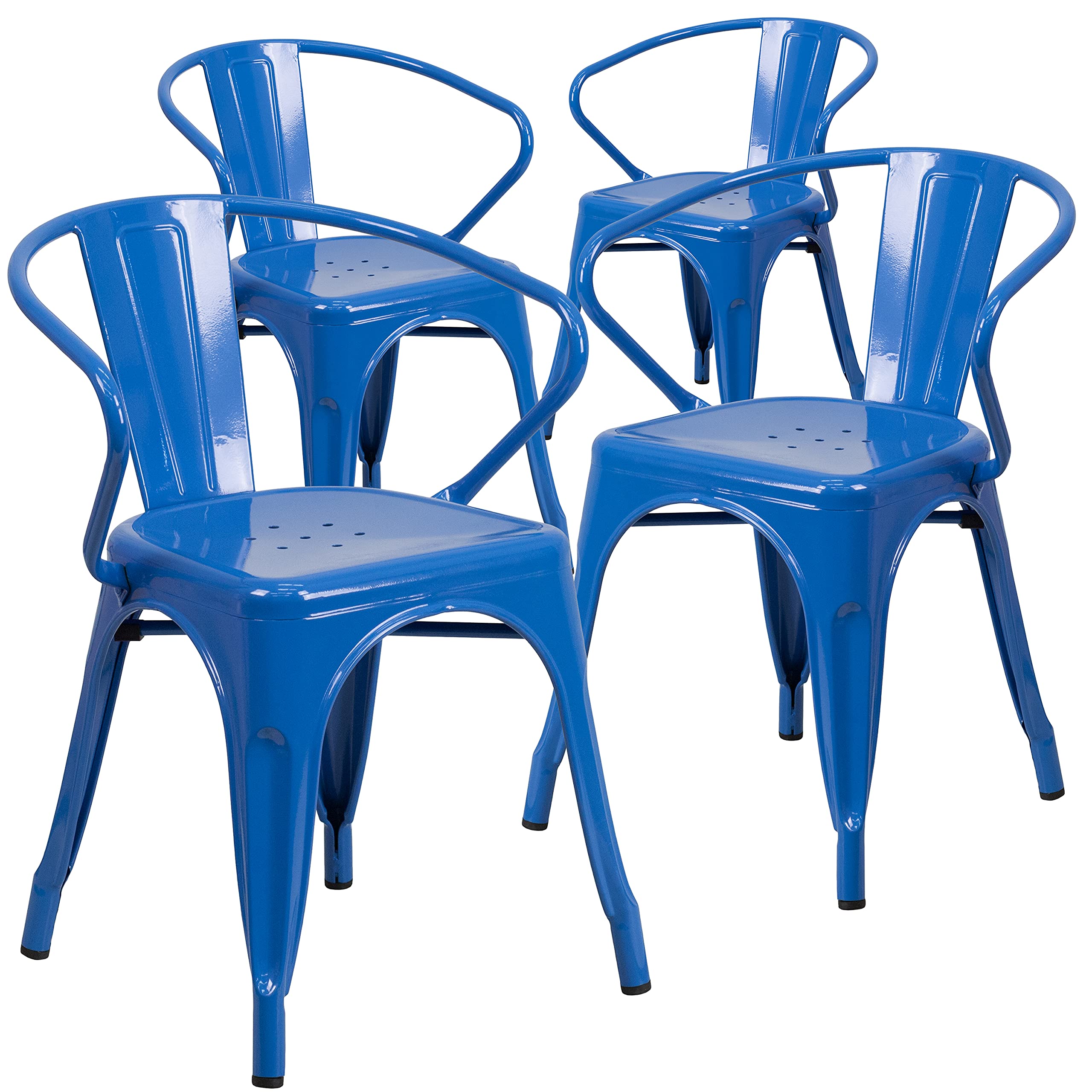 4 Pack Blue Metal Indoor-Outdoor Arm Chairs - Heavy Duty Bistro & Restaurant Chairs for Patio, Cafe, Dining Room & Outdoor Seating