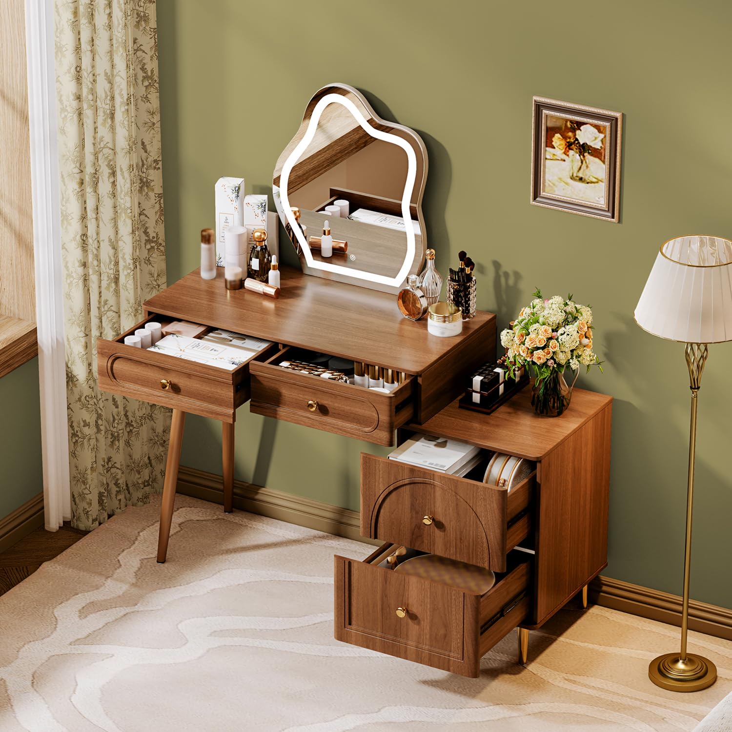 Brown Modern Corner Makeup Vanity Table with LED Lighted Mirror & 4 Spacious Drawers - Bedroom Dressing Desk with Nightstand, Minimalist Writing Desk for Women & Girls | Perfect for Small Spaces, Makeup Organization & Home Office Use