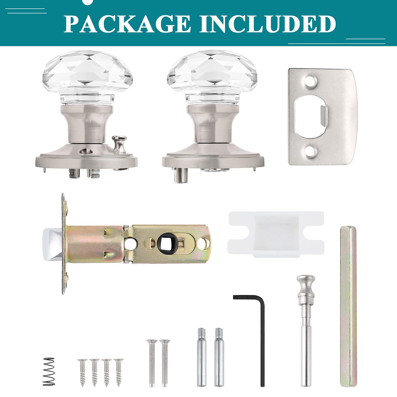 6 Pack Clear Glass Privacy Door Knobs with Satin Nickel Finish - Crystal Bedroom & Bathroom Door Handles - Zinc Alloy Round Rosette for Home Interior Doors (Ideal for Bedrooms, Bathrooms & Privacy Spaces)