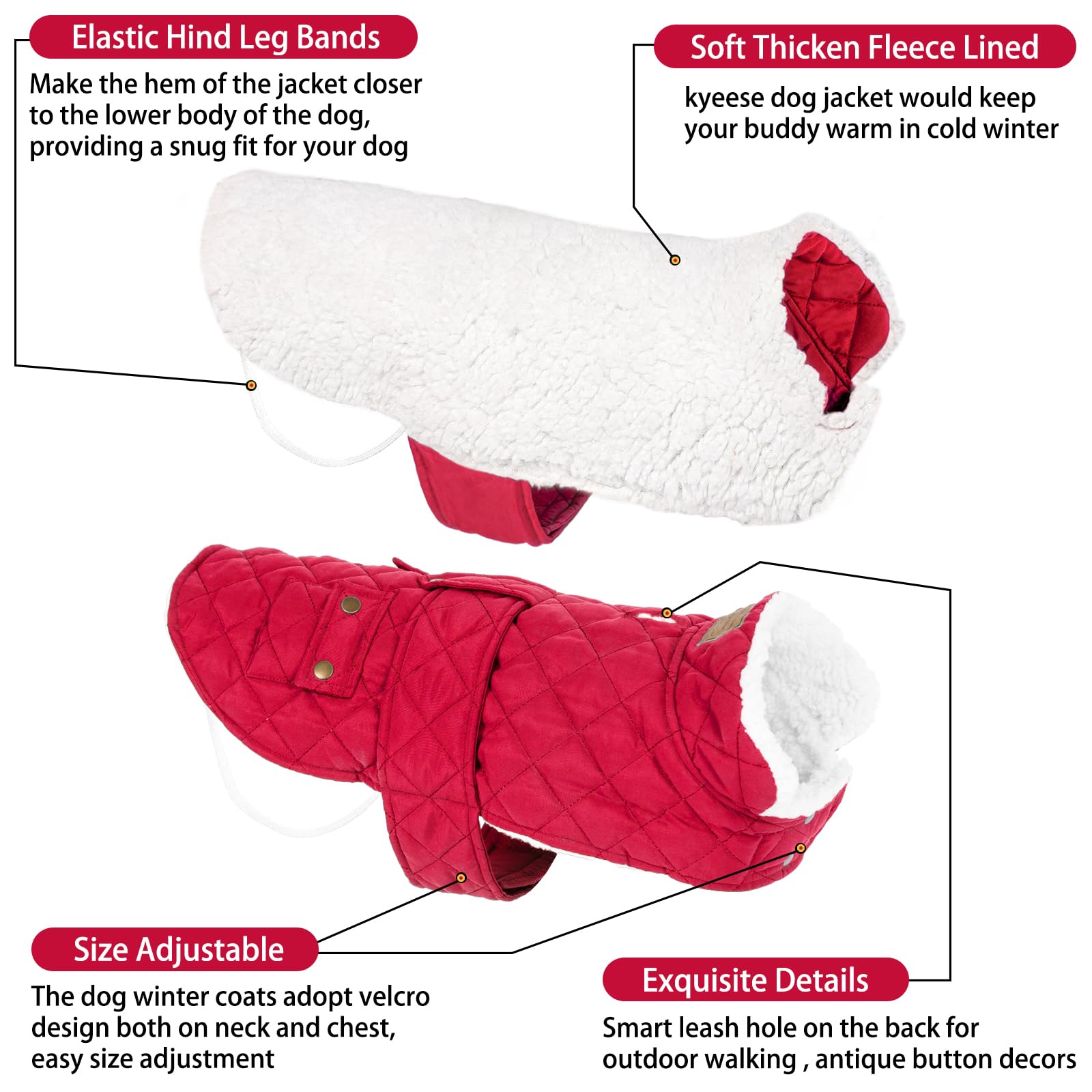 KYEESE Warm Windproof Dog Jacket with Sherpa Lining & Furry Collar - Winter Coats for Small Dogs, Red - Perfect for Cold Weather Walks & Outdoor Adventures
