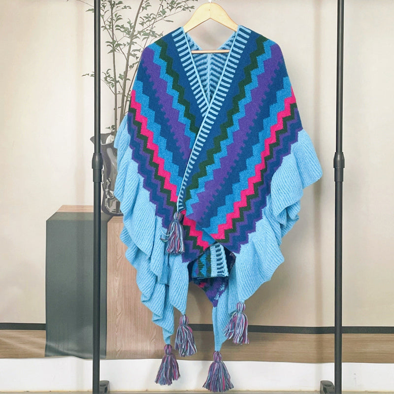 Stylish Long Wool Knitted Cape - Ethnic Inspired Winter Shawl Wrap for Women | Perfect for Outdoor Events, Parties & Cold Weather Fashion